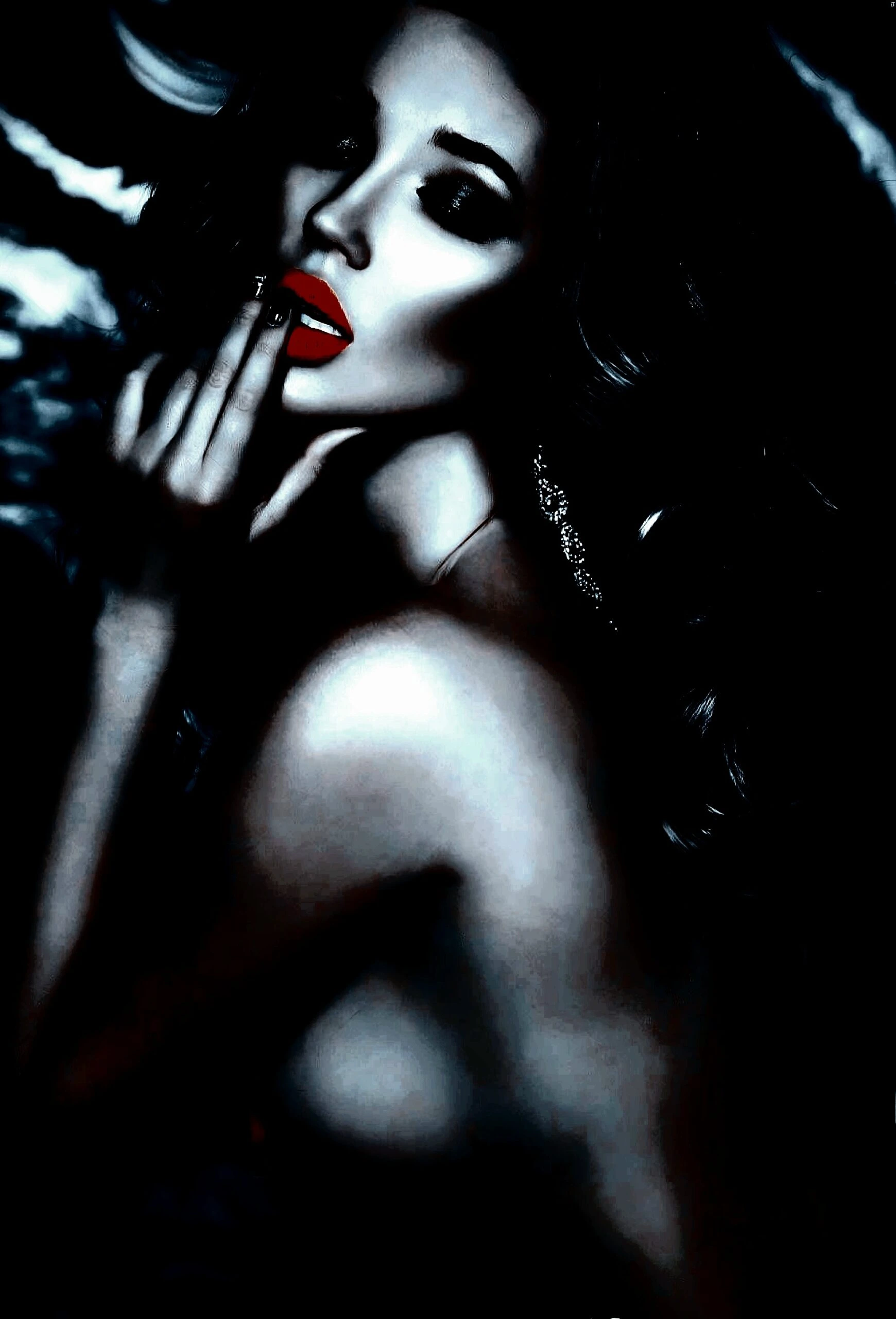Enigmatic woman with striking red lips, possibly hinting at 'red flags in a woman' in a romantic context.