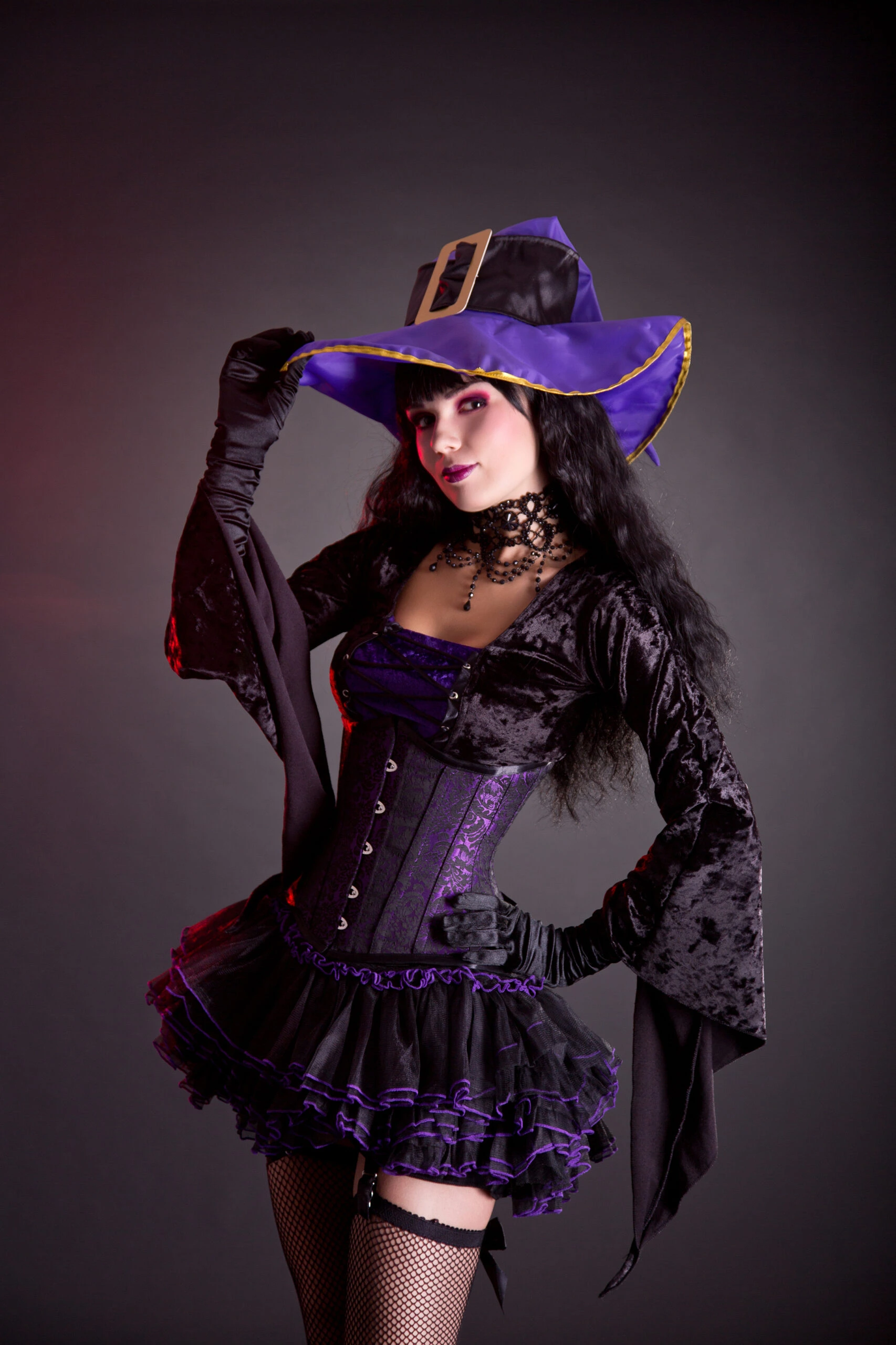 The same woman now with a subtle shift in posture, slightly turning her head, exuding a sense of mystery and allure in her gothic attire.
