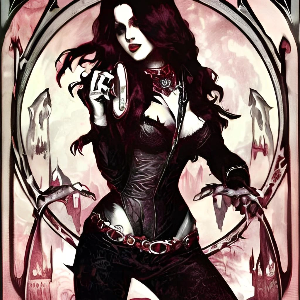 Dark gothic queen in a detailed black corset dress holding a skull, standing within an ornate oval frame surrounded by ghostly apparitions and gothic architecture.