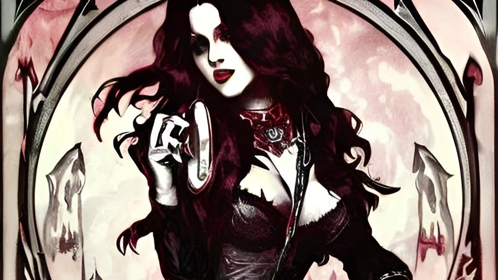 Gothic sorceress in a detailed black and white outfit, holding a glowing crystal ball, with a moonlit, eerie forest in the background.