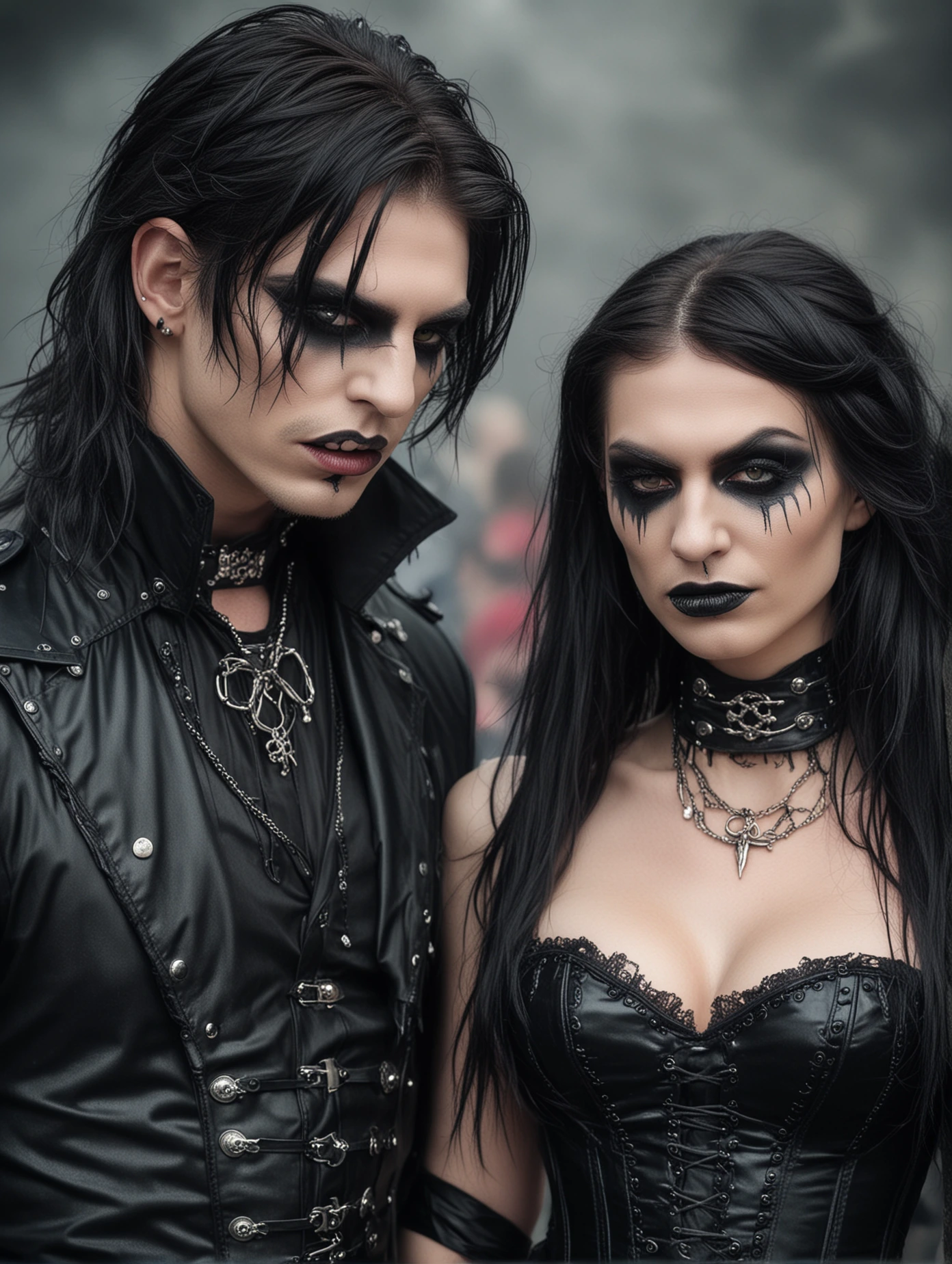 A romantic gothic couple, both with long black hair and detailed eye makeup, standing close together in a dark, dramatic fashion.