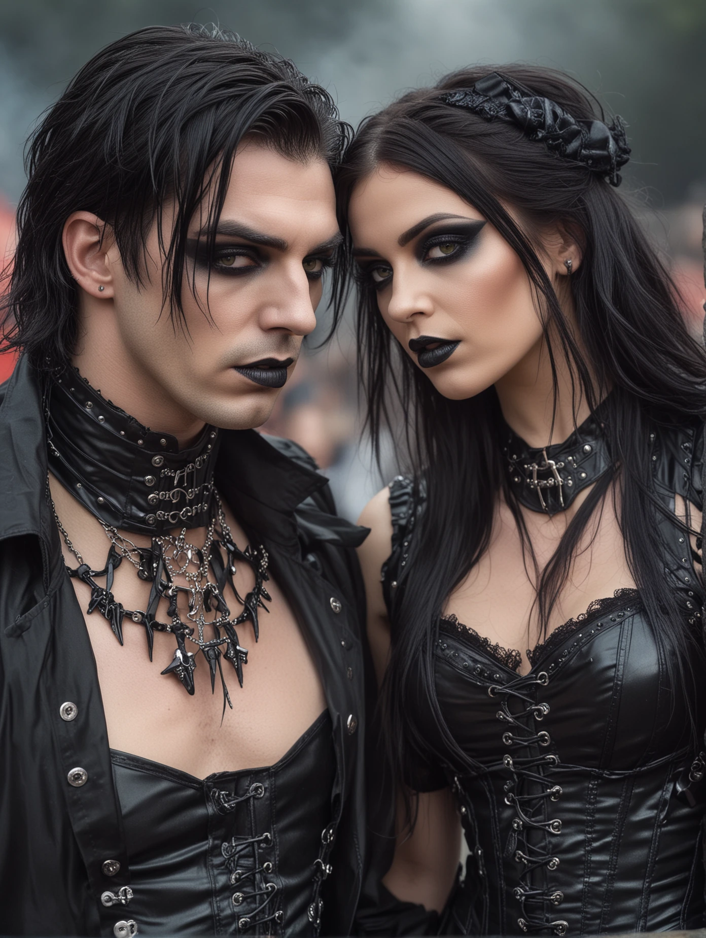A couple at Leyendas del rock 2010 with striking gothic attire, the man with sleek hair and silver accessories, the woman with intense eye makeup and black lipstick.