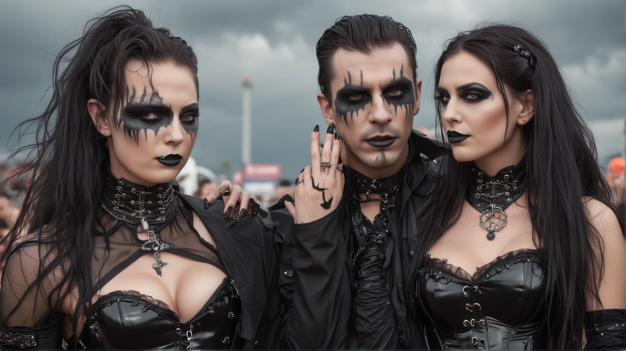 A trio of goths in heavy black makeup, the central figure making a rock hand gesture, flanked by two women in intricate gothic attire.