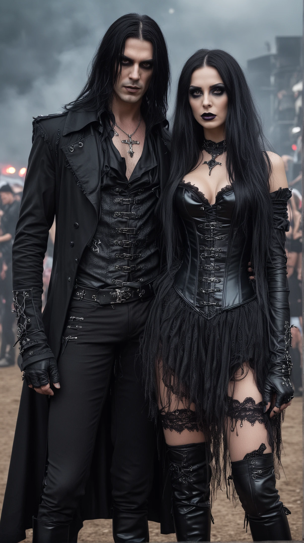 A gothic pair at Bloodstock 2014, man in a layered coat, woman in a lace corset dress, amidst a smoky festival backdrop.