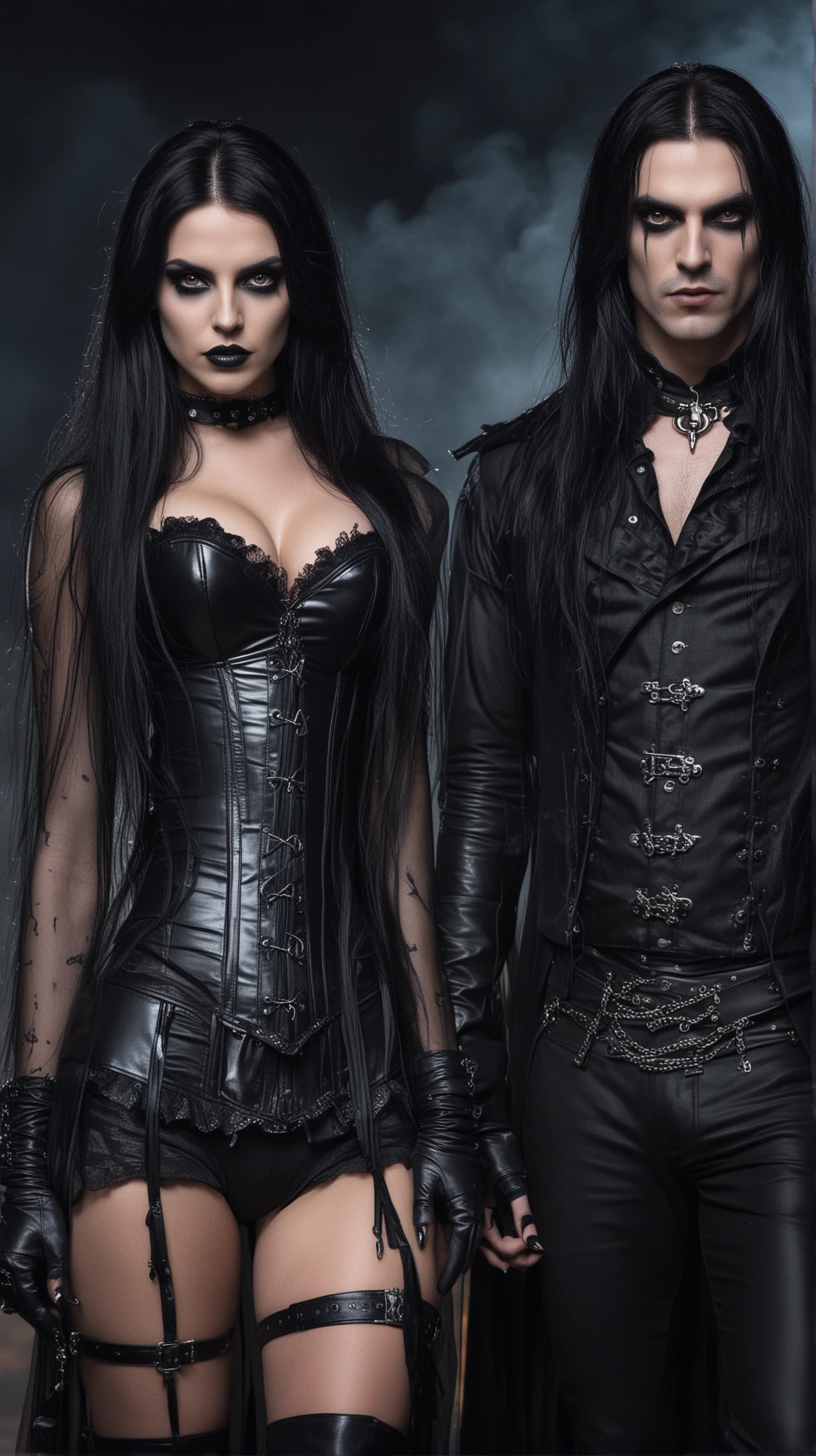 Gothic couple posed at Resurrection Fest 2010, the woman in a corset and lace, the man in a black shirt with chains.