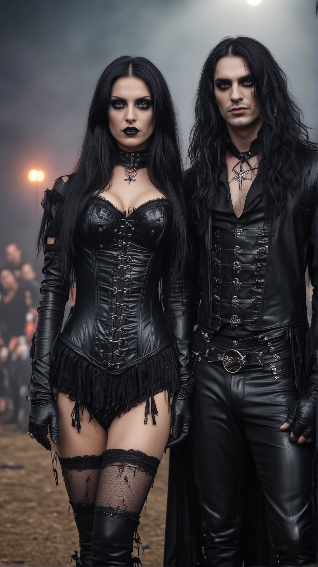 Intense gothic duo at Leyendas del rock 2015, with the woman in a corset and lace-up boots, and the man in a studded leather jacket.