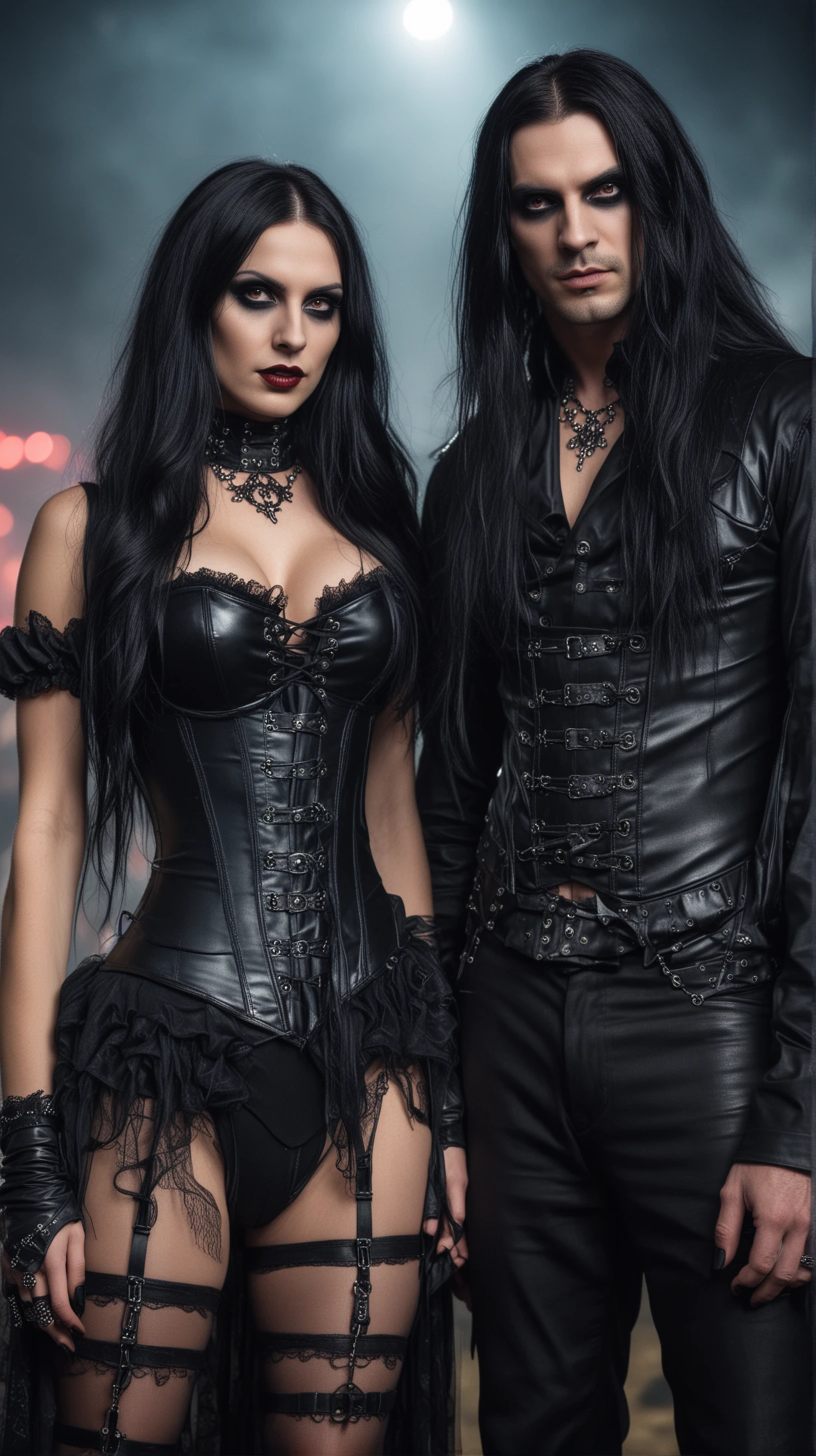 Gothic elegance at Bloodstock 2015, a couple dressed in elaborate black coats and corset, under a brooding festival sky.