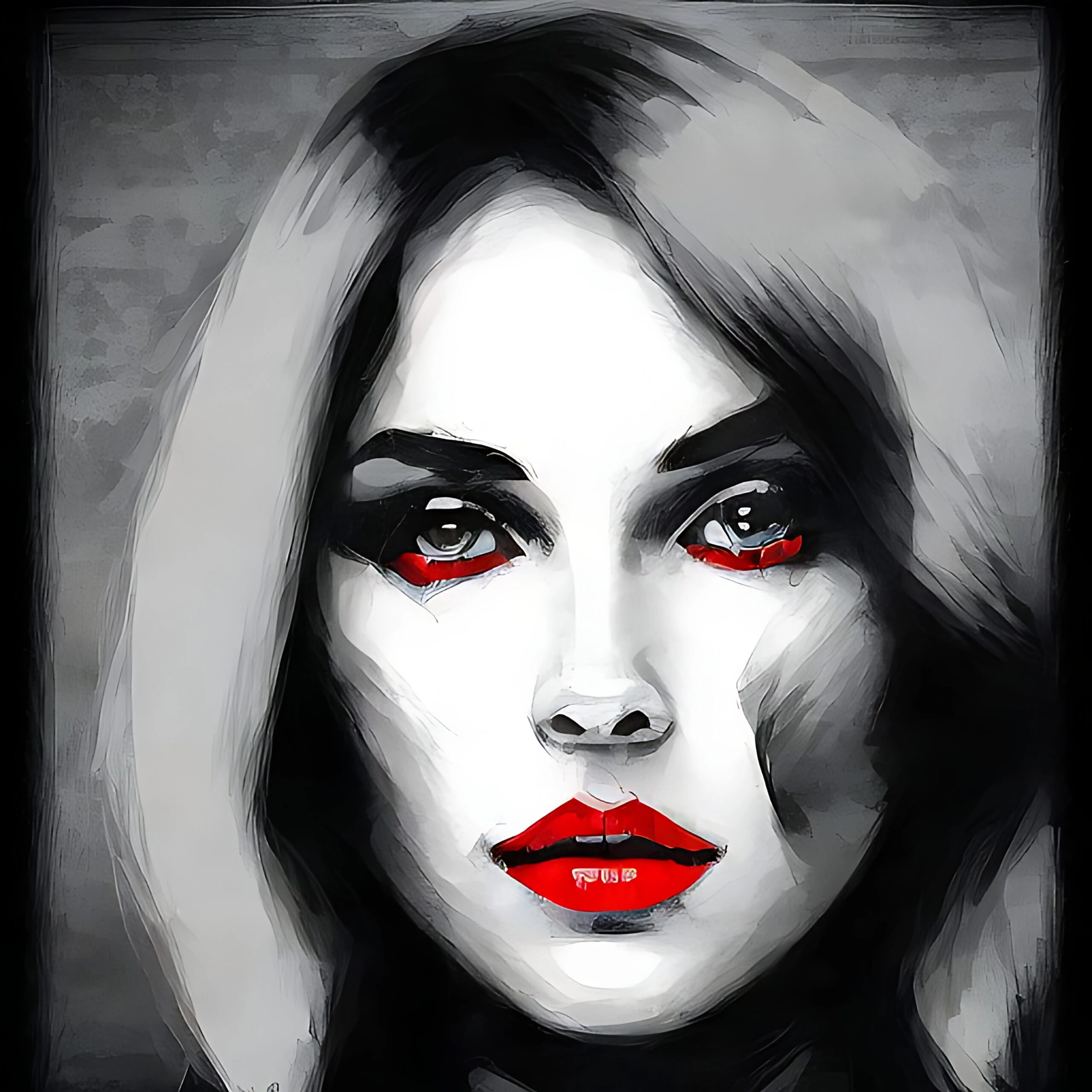 Graphic portrait of a woman with stark red eyes and lips, contrasting dramatically with her monochrome features.