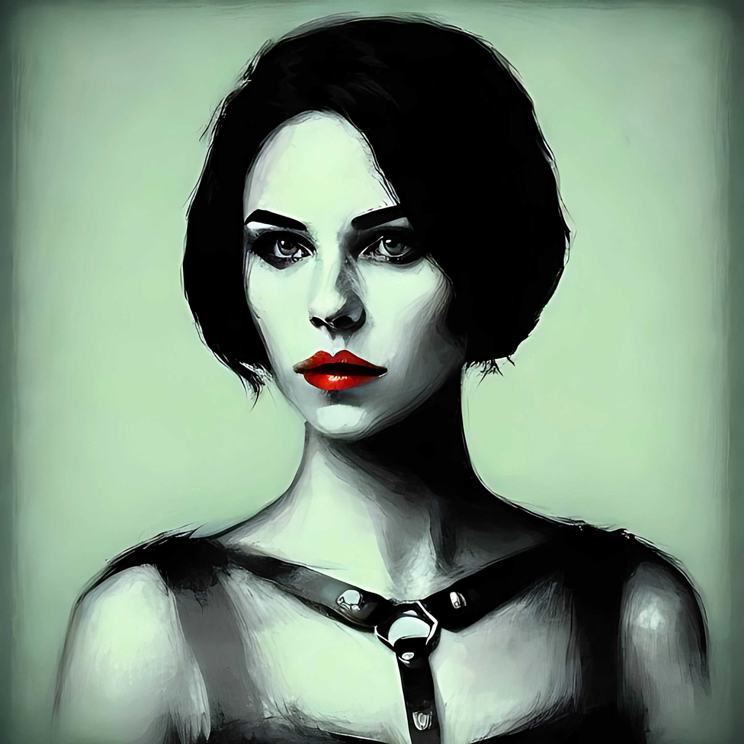 Dramatic portrait of a woman with bold red lips and eyes, her face partly obscured by shadows, evoking a mysterious vibe.