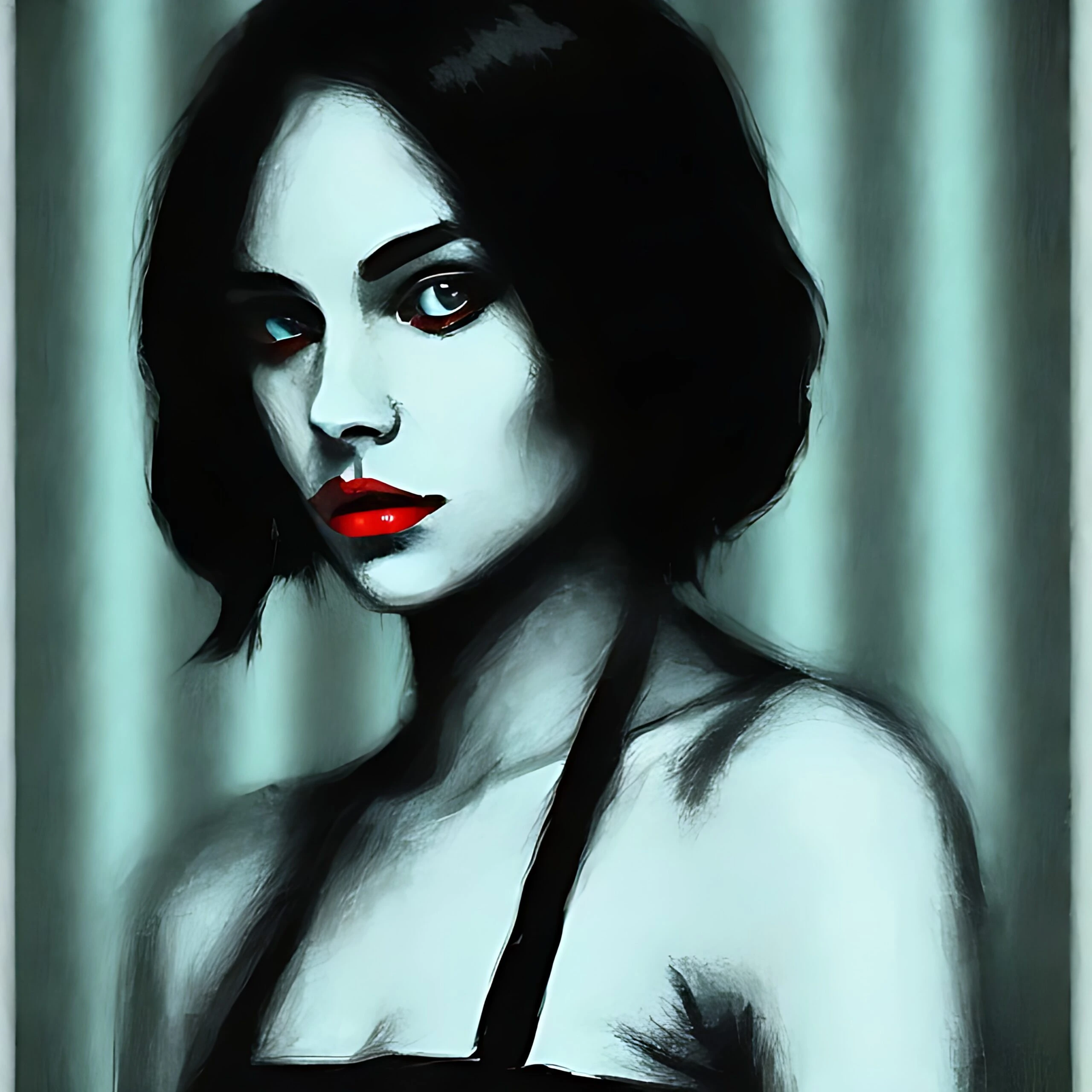 Close-up of a woman's face with intense red eye makeup and glossy red lips, set against a grayscale artistic background.
