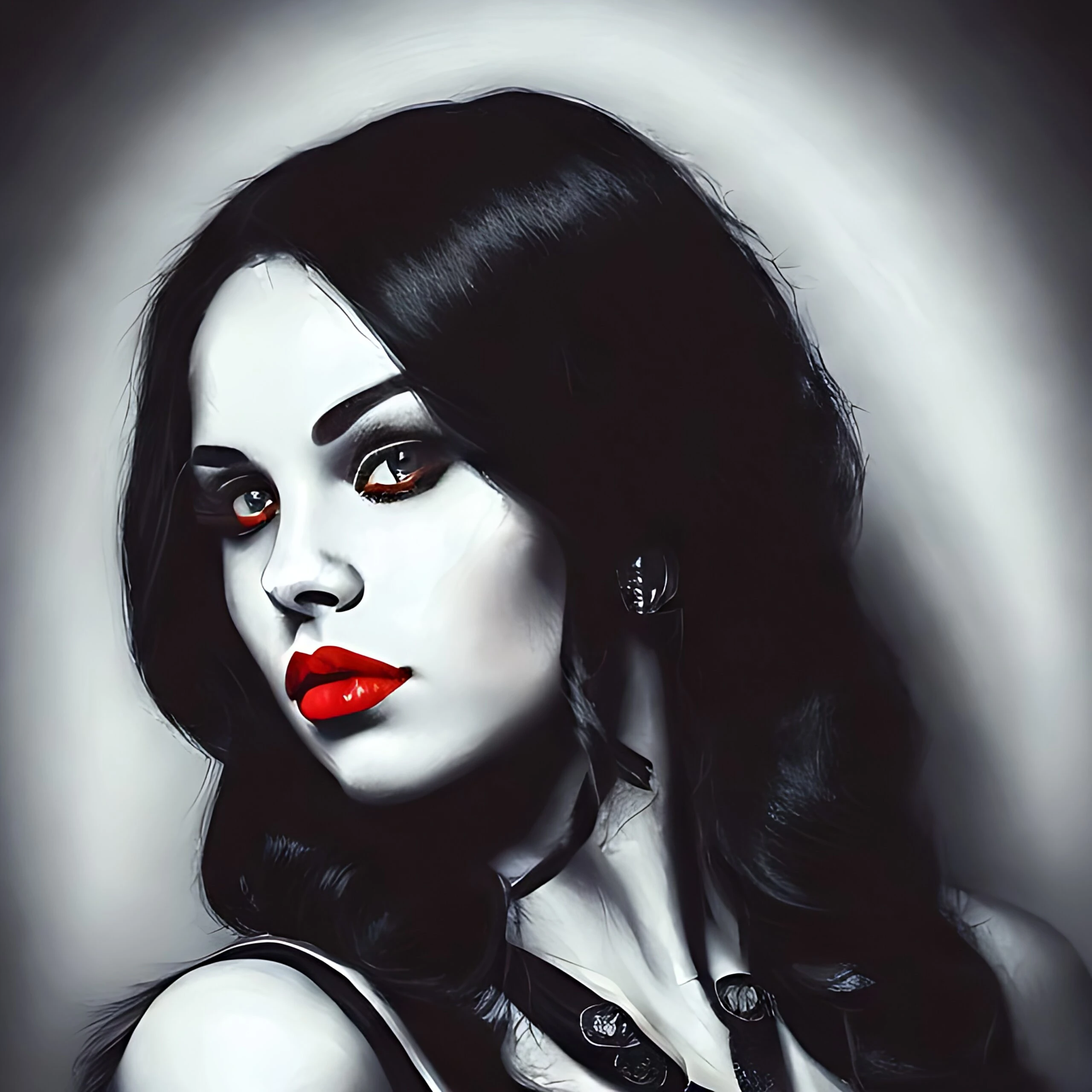 Monochrome portrait of a woman with red lipstick and eyes that suggest a hidden depth, set against a dark background.
