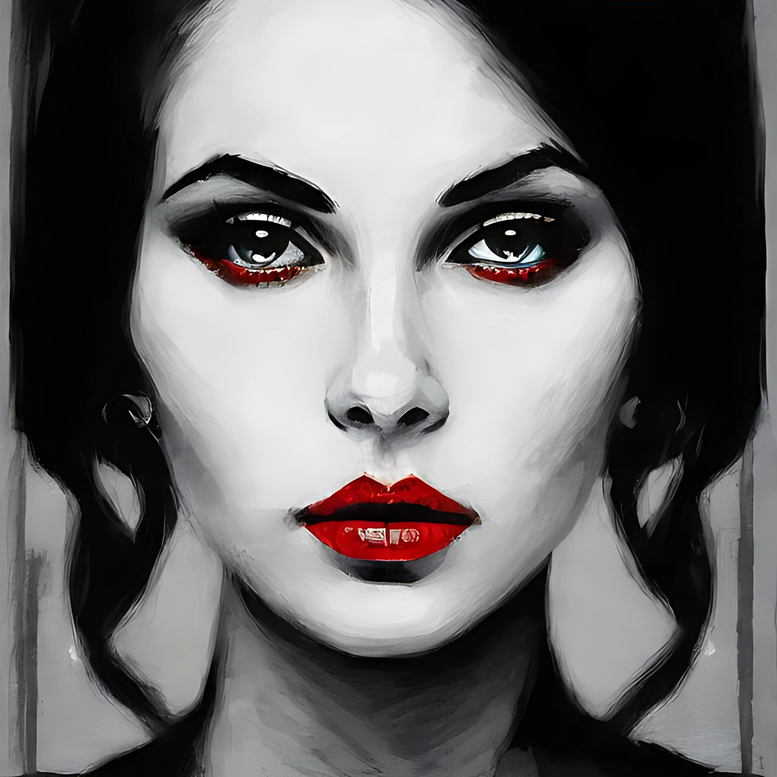 Artistic black and white portrait of a woman with piercing red eyes and vivid red lips, set against a textured backdrop.