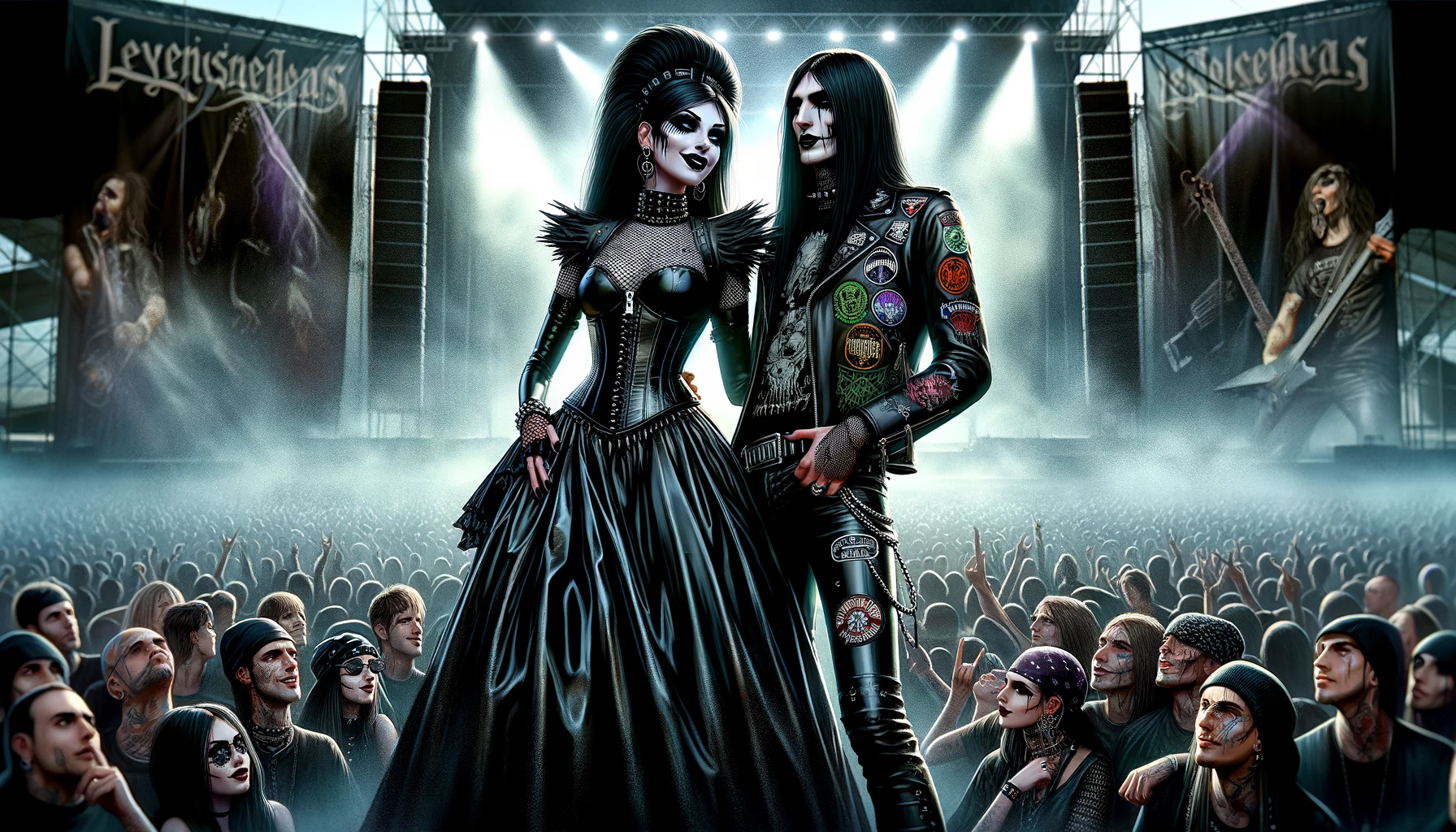 A photorealistic scene at Leyendas del rock 2006 festival, with a crowd cheering for a gothic couple onstage, evoking the spirit of rock and metal.