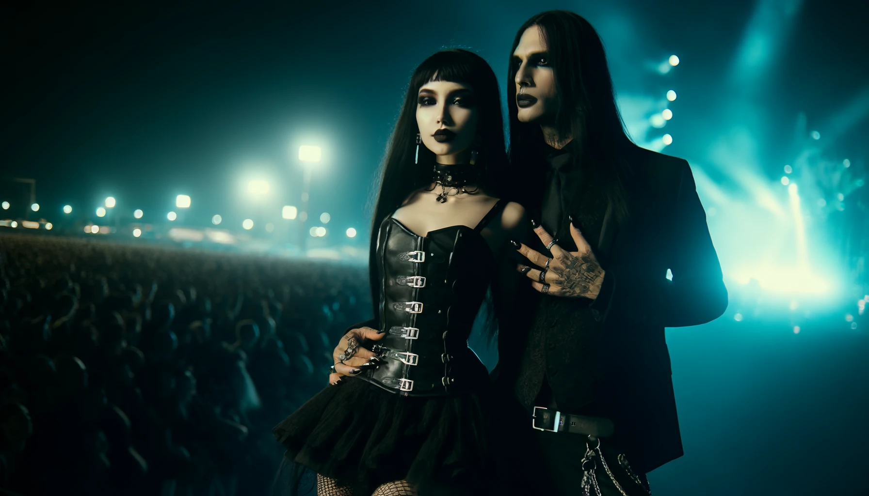 Wide shot of a goth couple at Resurrection Fest 2006, the woman in a black dress with buckles, the man in a dark suit with tattoos.