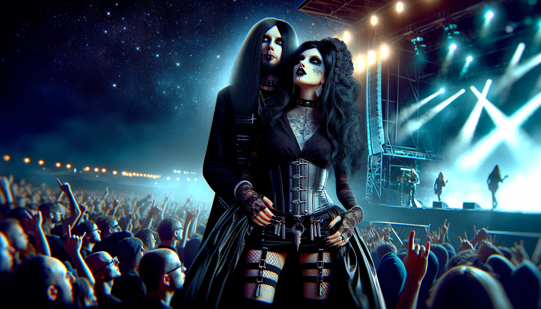 Resurrection Fest 2021 highlighted by a photorealistic image of a gothic couple, dressed in intricate festival attire, with the vibrant energy of rock and metal music under a starlit night.
