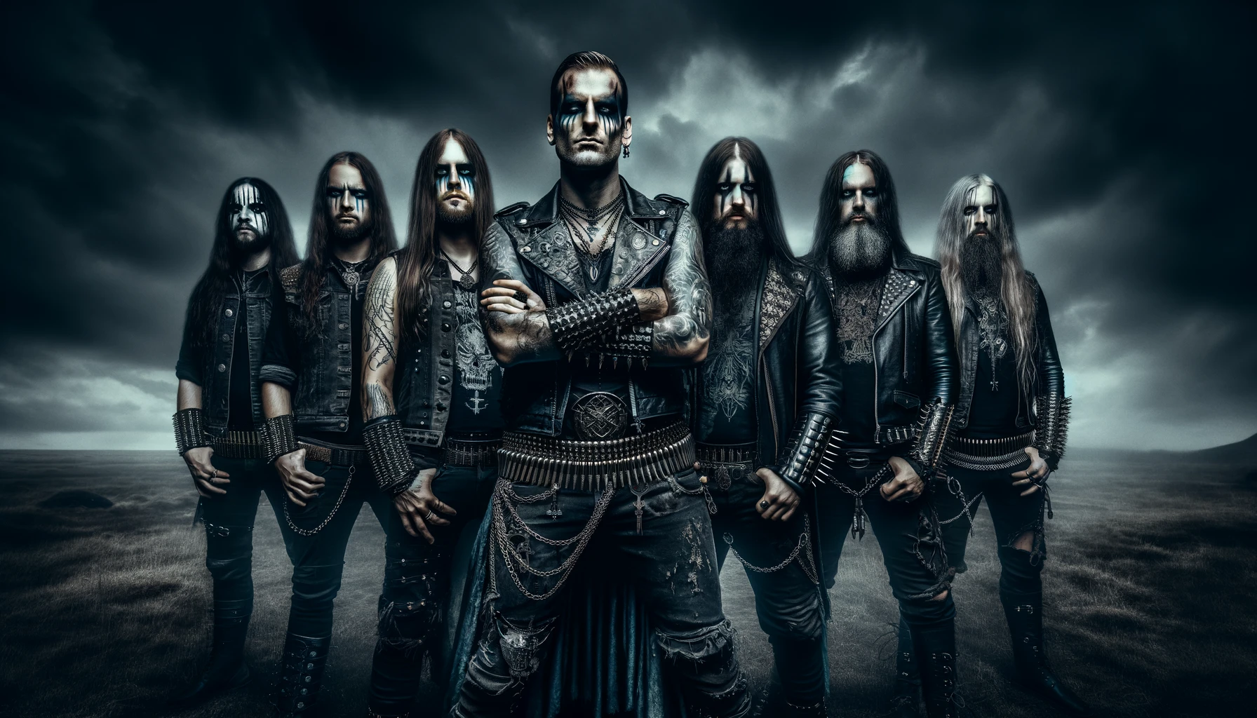 Mixed-gender heavy metal band standing in a rugged landscape, exuding a warrior-like presence, dressed in dark leather outfits and dramatic makeup, under a stormy sky, for the article 'Bands That Tour Like Warriors'.