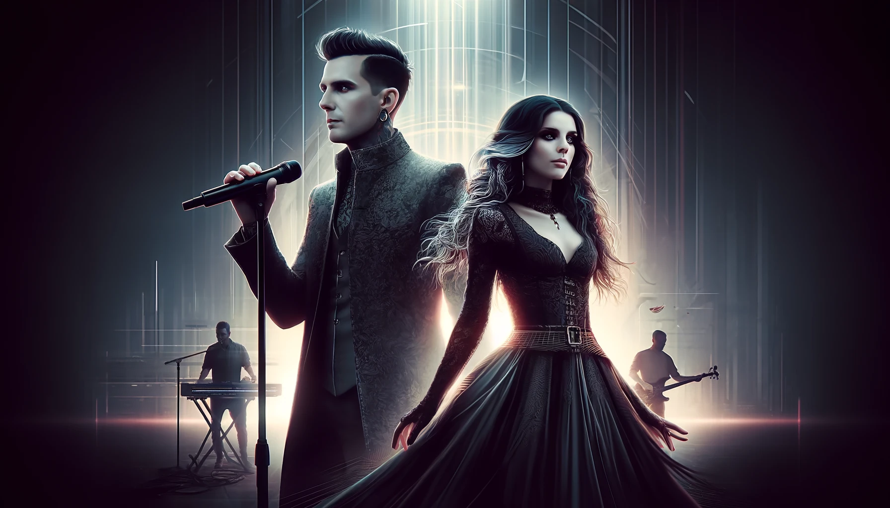Ashbury Heights - Smaller promotional artwork featuring a man and woman as vocalists, performing on stage with ambient blue lighting and ethereal gothic attire.
