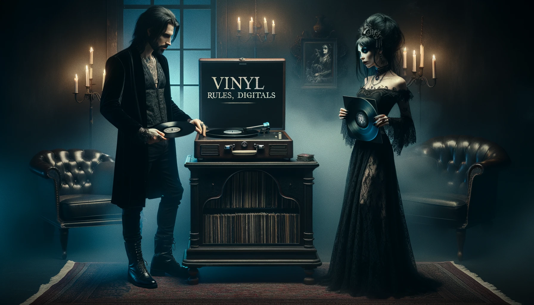 A gothic scene at a DJ booth with vinyl records, capturing the essence of Vinyl Rules.