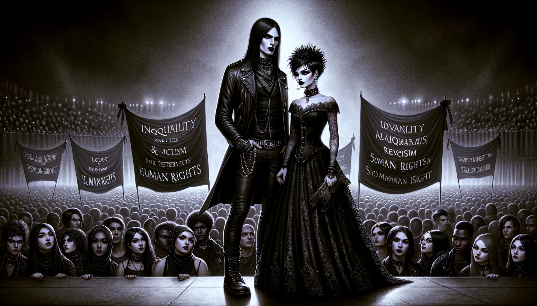 Dramatic depiction of a gothic couple at a concert advocating for social justice, with banners addressing human rights, set against a dark, moody goth concert atmosphere.