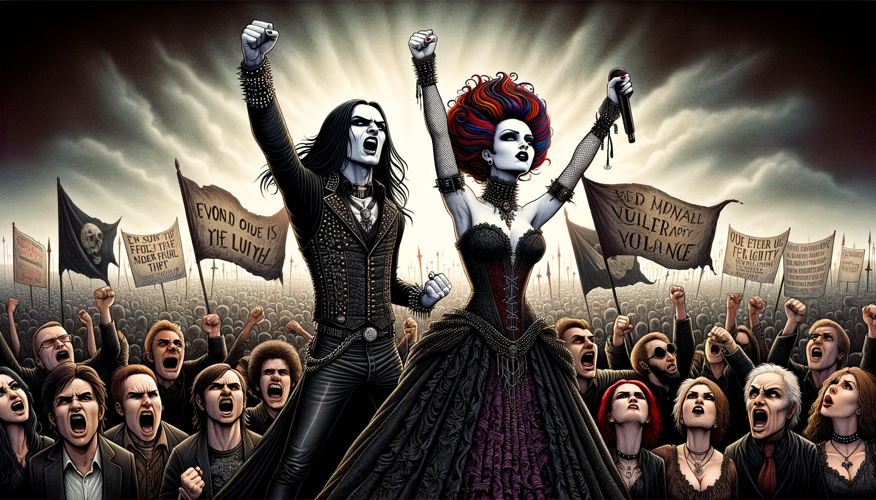 Gothic couple at an urban setting, showcasing their unique gothic fashion while symbolically supporting social justice themes through their appearance and stance.