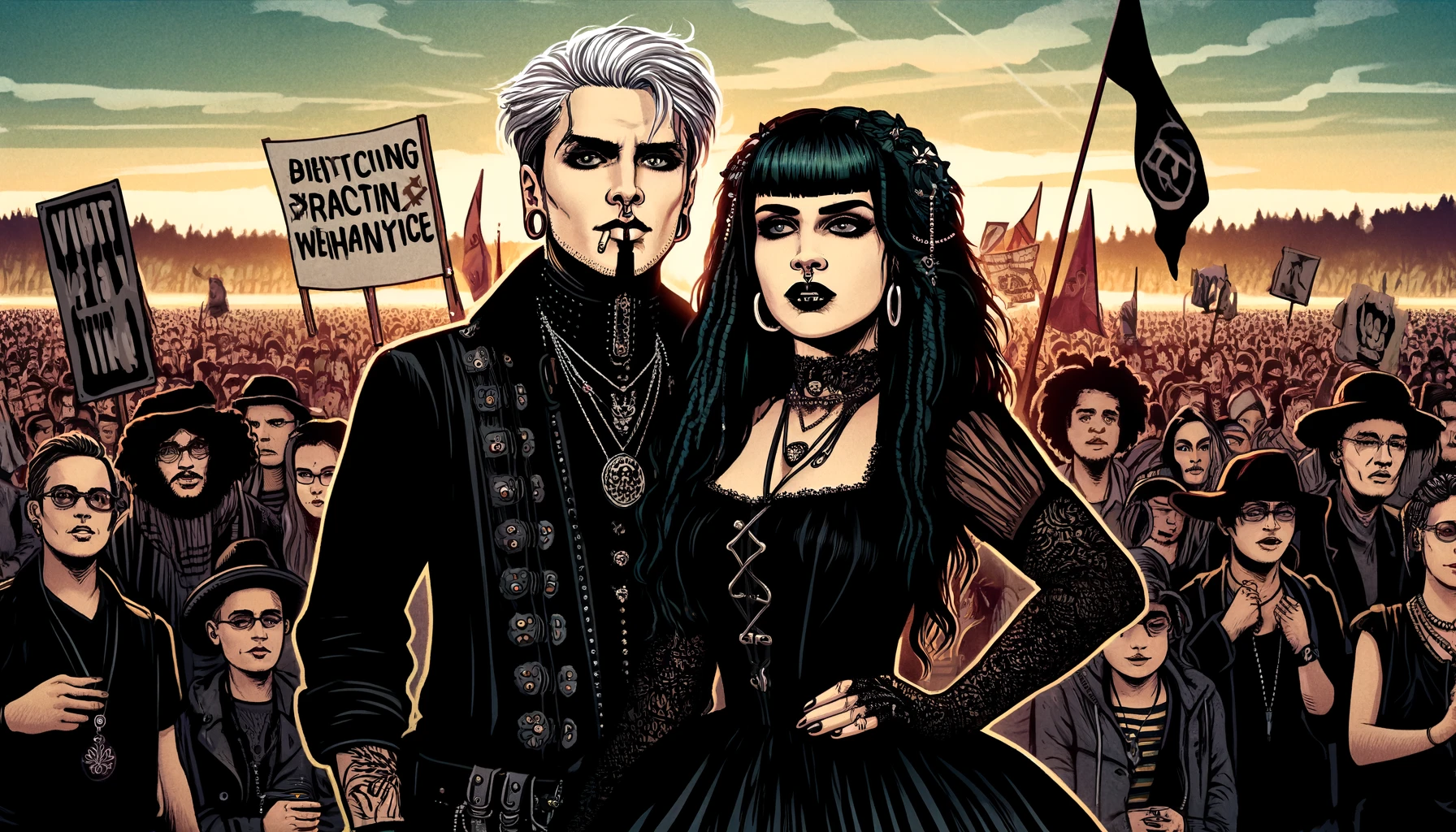 Elegant gothic couple in a candlelit room, dressed in sophisticated black attire, embodying the spirit of social justice through their poised and solemn expression.