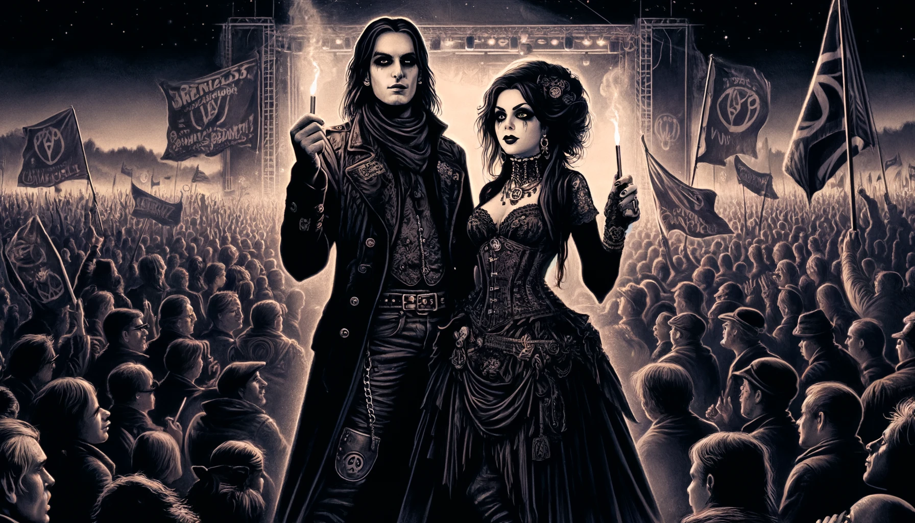 Gothic couple at a music festival under a 'Unity in Diversity' banner advocating for social justice, emphasizing themes of equality and activism among a diverse crowd.
