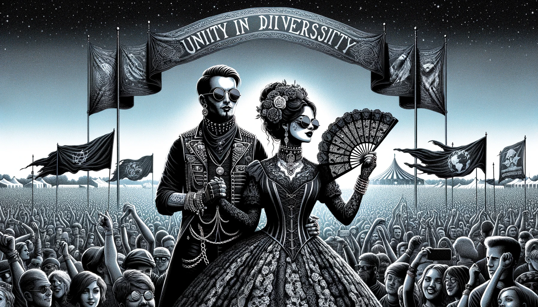 Gothic couple with a dark, mystical ambiance at an outdoor concert advocating for social justice, with a crowd holding lighters up in a symbol of solidarity.