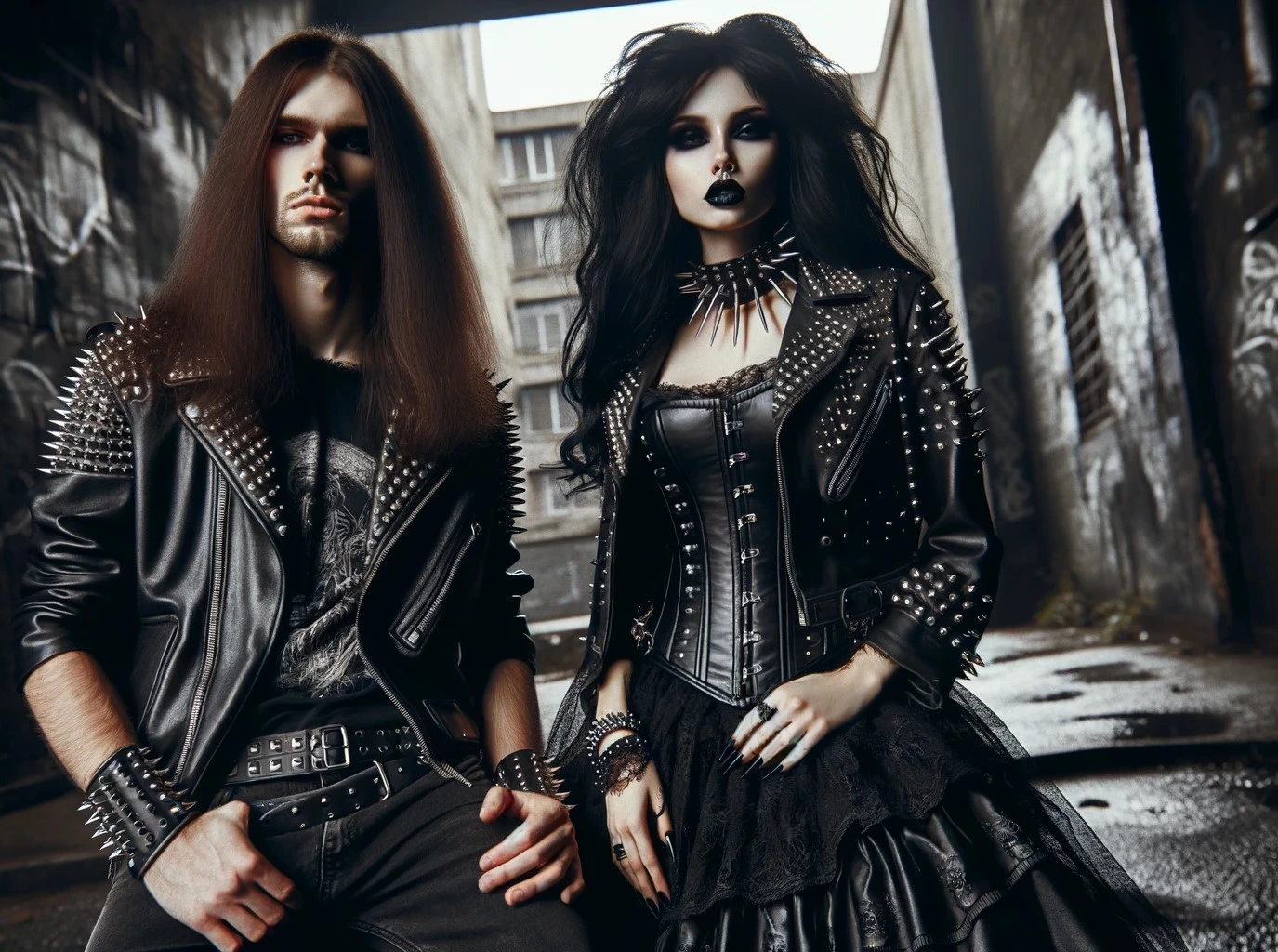 Metalhead man and gothic woman dressed in detailed black leather and spikes, positioned in a gritty urban environment, showcasing their long black hair and fierce gothic style.