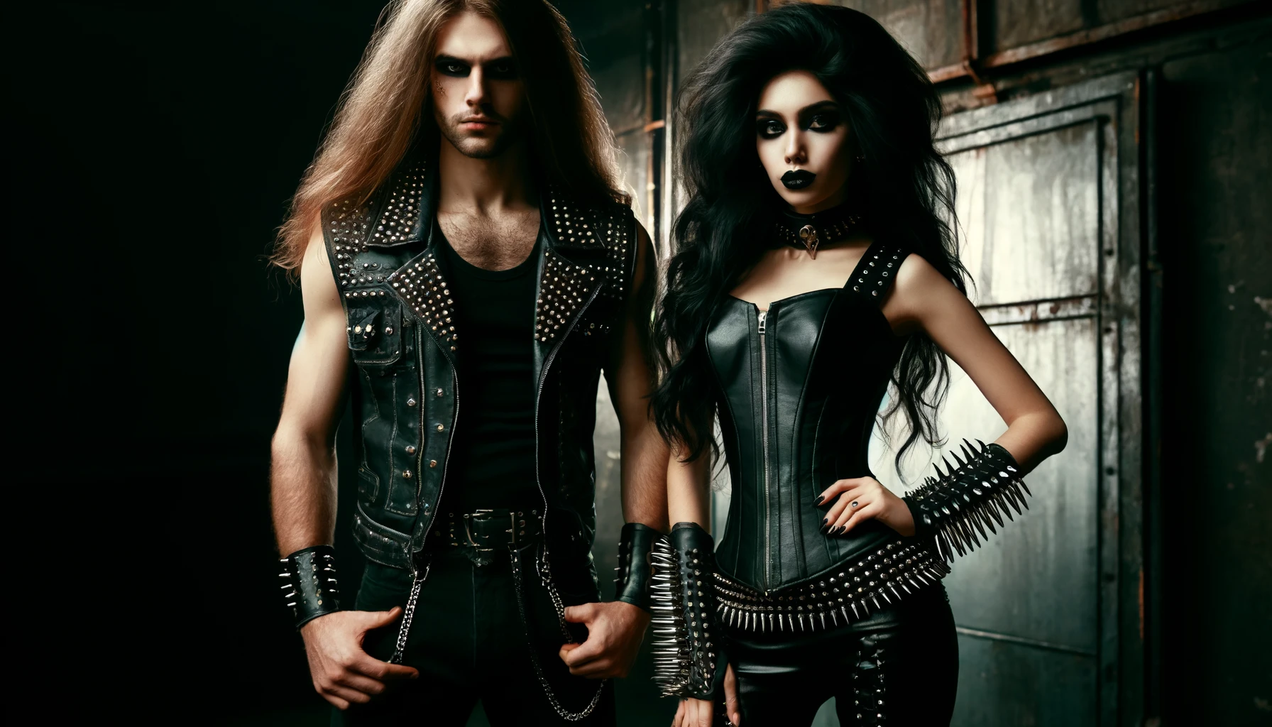 Metalhead man and gothic woman in full black leather attire, adorned with spikes, standing in an urban setting, featuring dramatic makeup and long black hair.