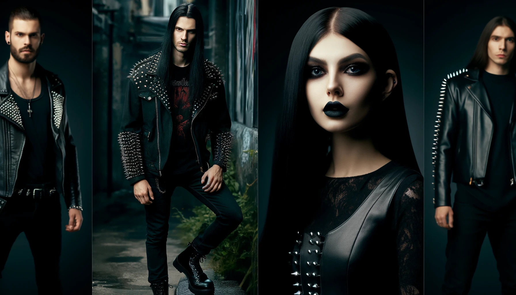 Metalhead man and gothic woman in black leather and spikes, the man with shoulder-length straight black hair and the woman with styled voluminous black hair, both exuding a dark, intense vibe in an urban setting.