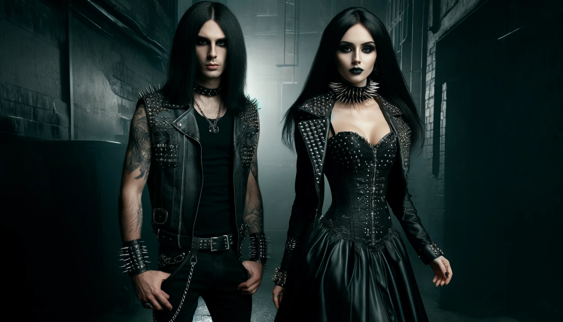 Two figures in black leather and spikes, a metalhead man and gothic woman, standing confidently in a dimly lit alley, both with long black hair and intense expressions.