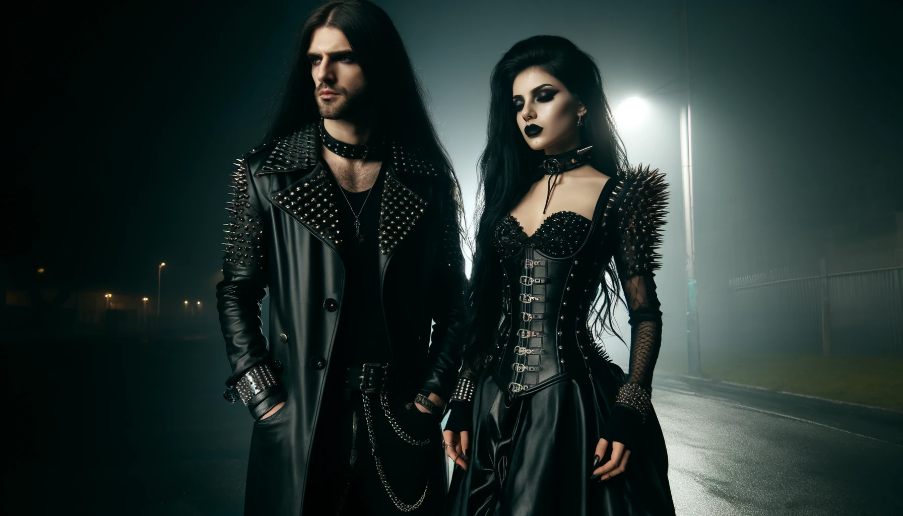 Gothic duo in black leather and spikes under a foggy streetlight, the man with waist-length black hair and the woman in a spiked leather dress, embodying a mysterious nocturnal atmosphere.
