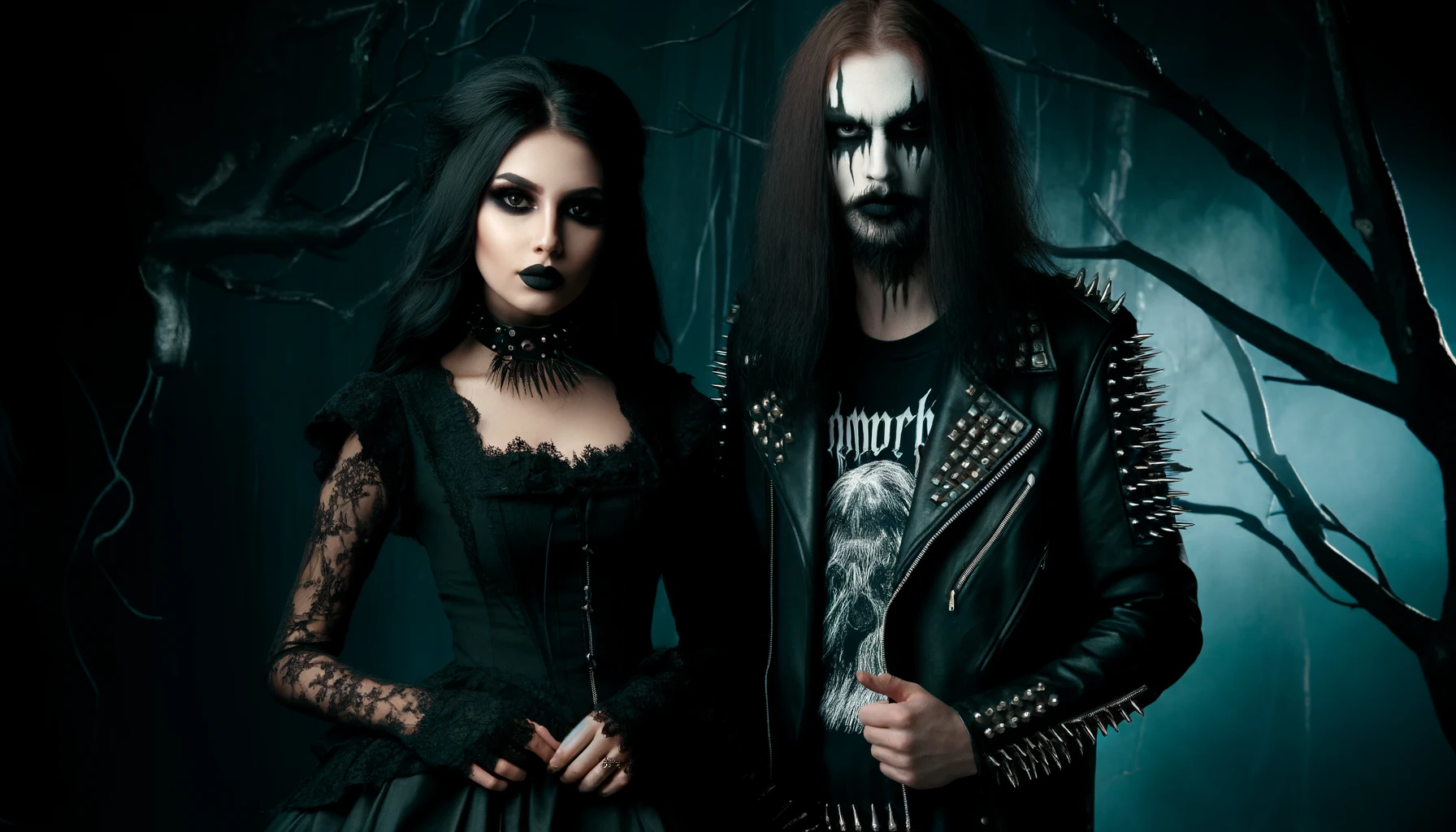 A gothic woman and a black metalhead man standing together in a dark, eerie forest, both dressed in black with intense expressions.