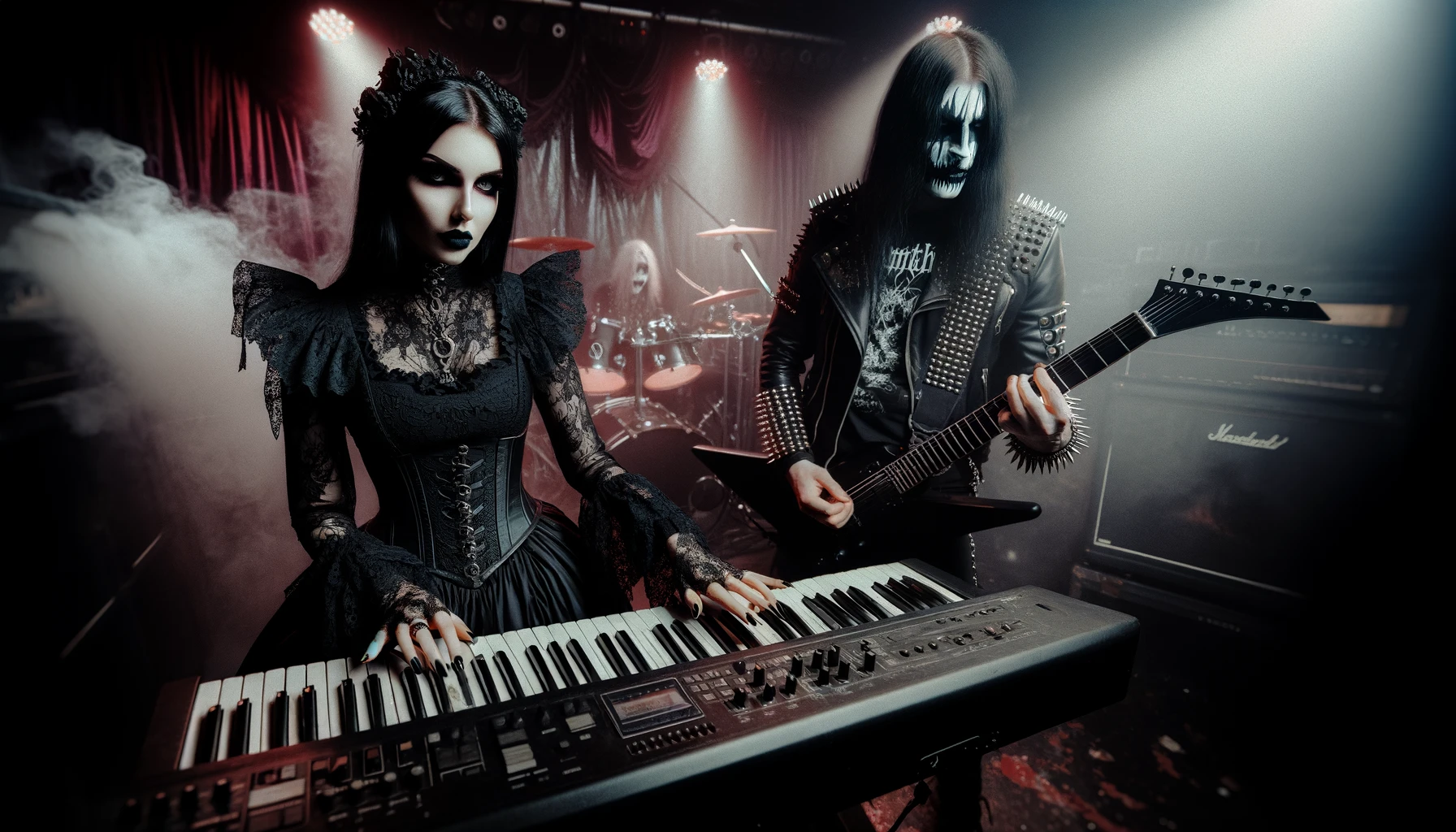 The darker the better: gothic woman in a black Victorian-style dress playing keyboard and a black metalhead man with corpse paint playing guitar on a dimly lit stage.