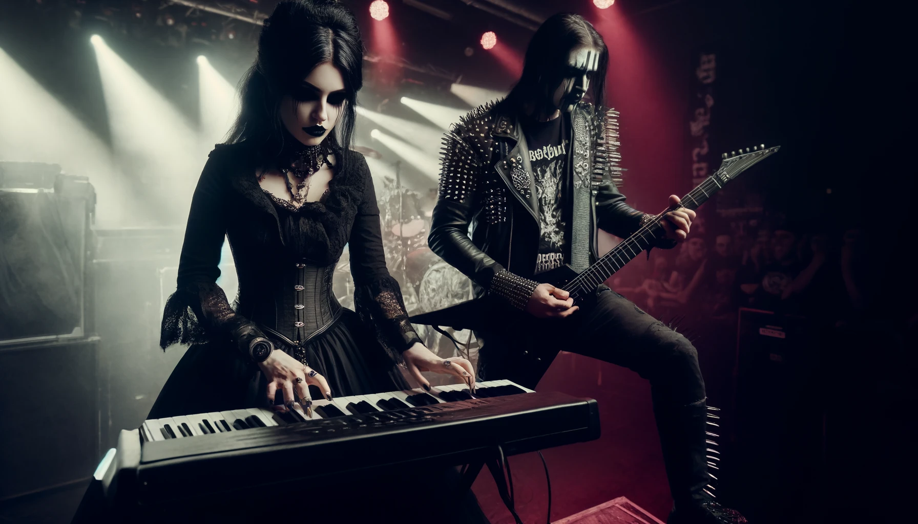 A gothic woman playing keyboard and a black metalhead man with corpse paint playing guitar on a stage with red and purple lights and fog.