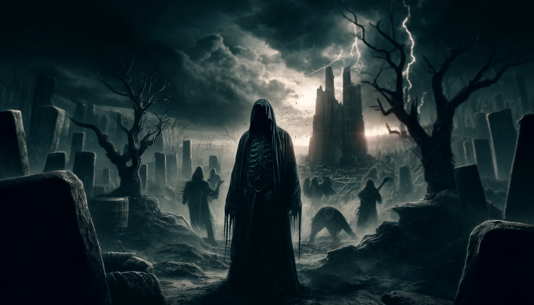 A dark and intense scene depicting the essence of nihilism and pessimism in metal music, featuring a grim, hooded figure standing amidst a desolate, barren landscape with decaying trees and crumbling ruins, under an overcast sky with storm clouds and lightning strikes.