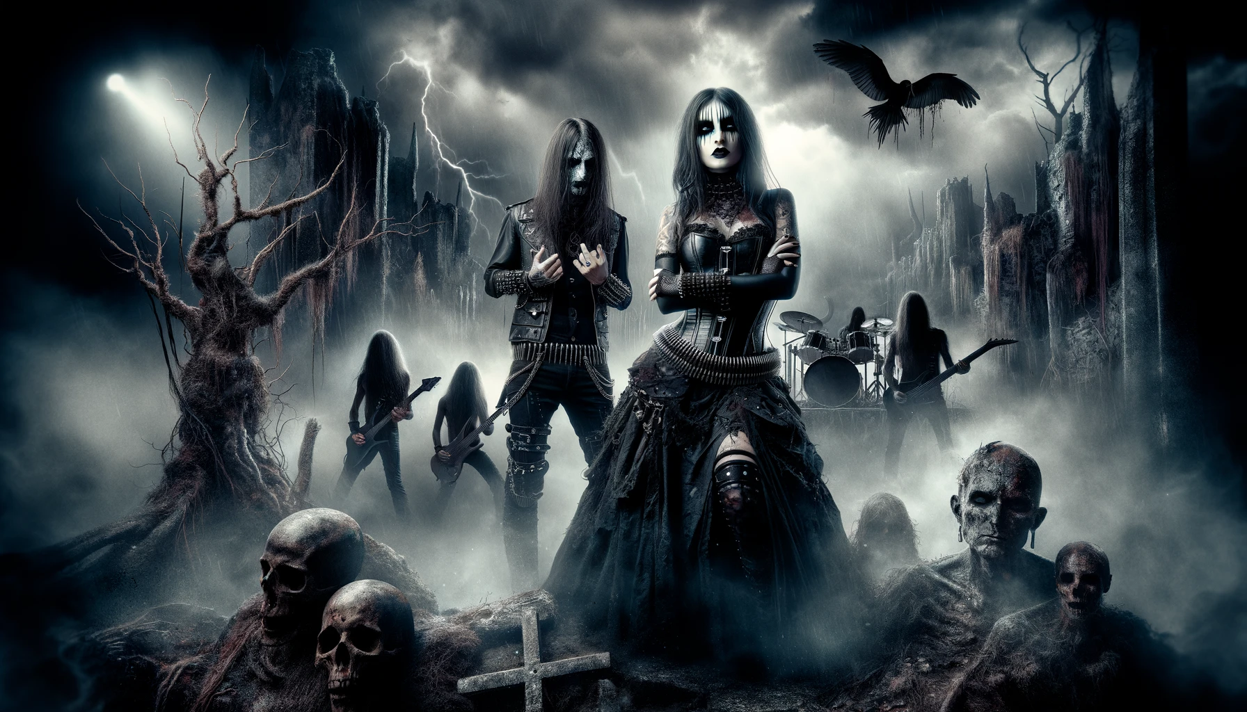 A dark and intense scene capturing the essence of nihilism and pessimism in metal music, featuring a gothic woman in a leather corset and a black metalhead man with long hair and corpse paint, standing amidst a desolate landscape with skeletal trees and crumbling ruins, under a stormy sky with lightning.