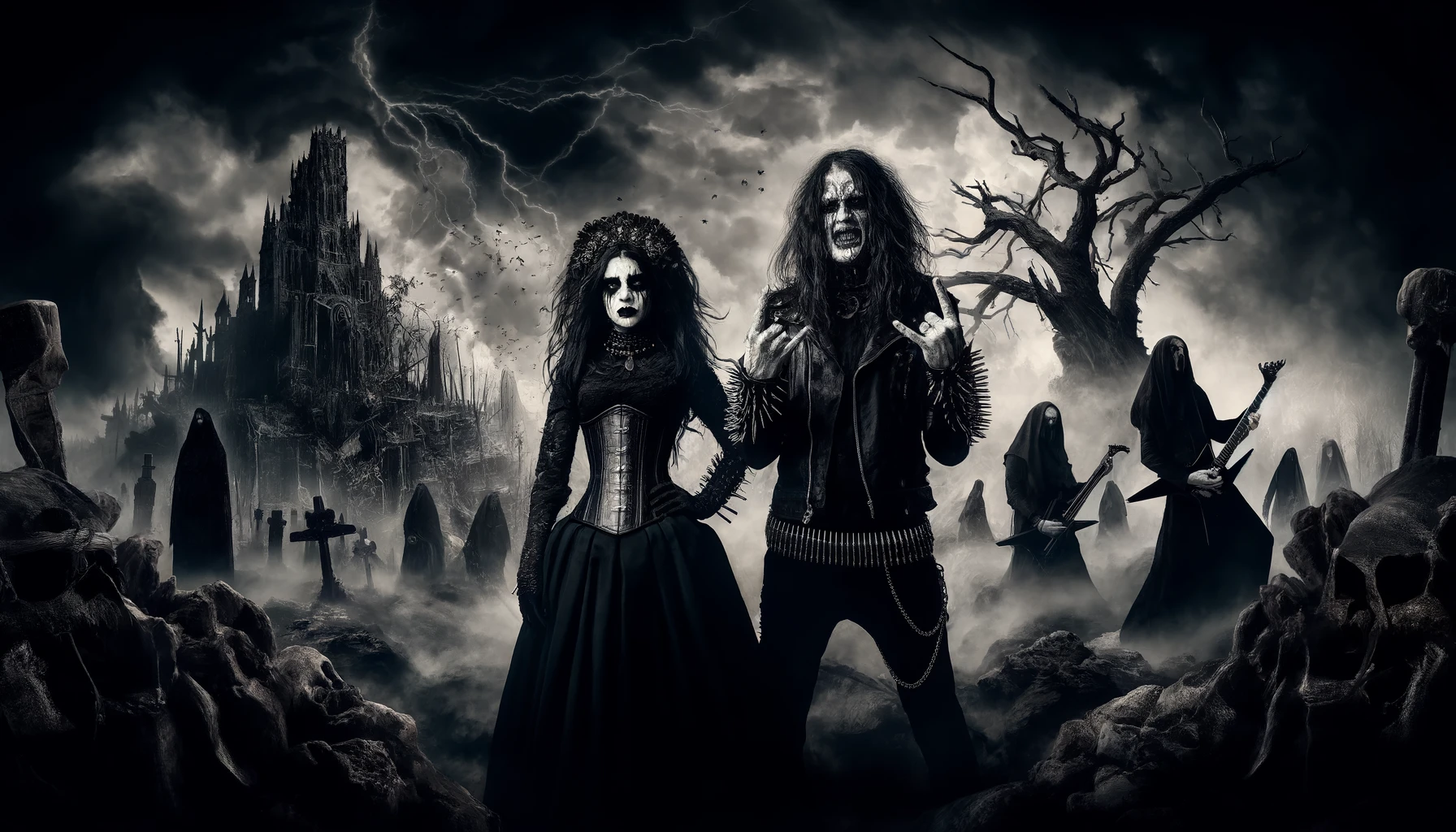 A dark and intense scene capturing the essence of nihilism and pessimism in metal music, featuring a gothic woman in a leather corset and a black metalhead man with long hair and corpse paint, standing amidst a desolate landscape with skeletal trees and crumbling ruins, with a metal band performing in the background under a stormy sky.