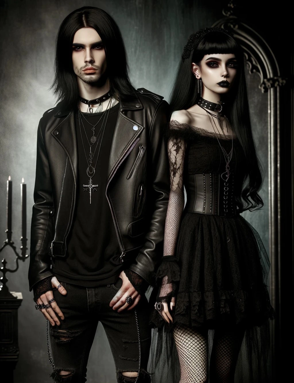 Gothic man and woman standing together, both with long black hair, dressed in typical gothic fashion. Goth and Metal Are Not Phase.