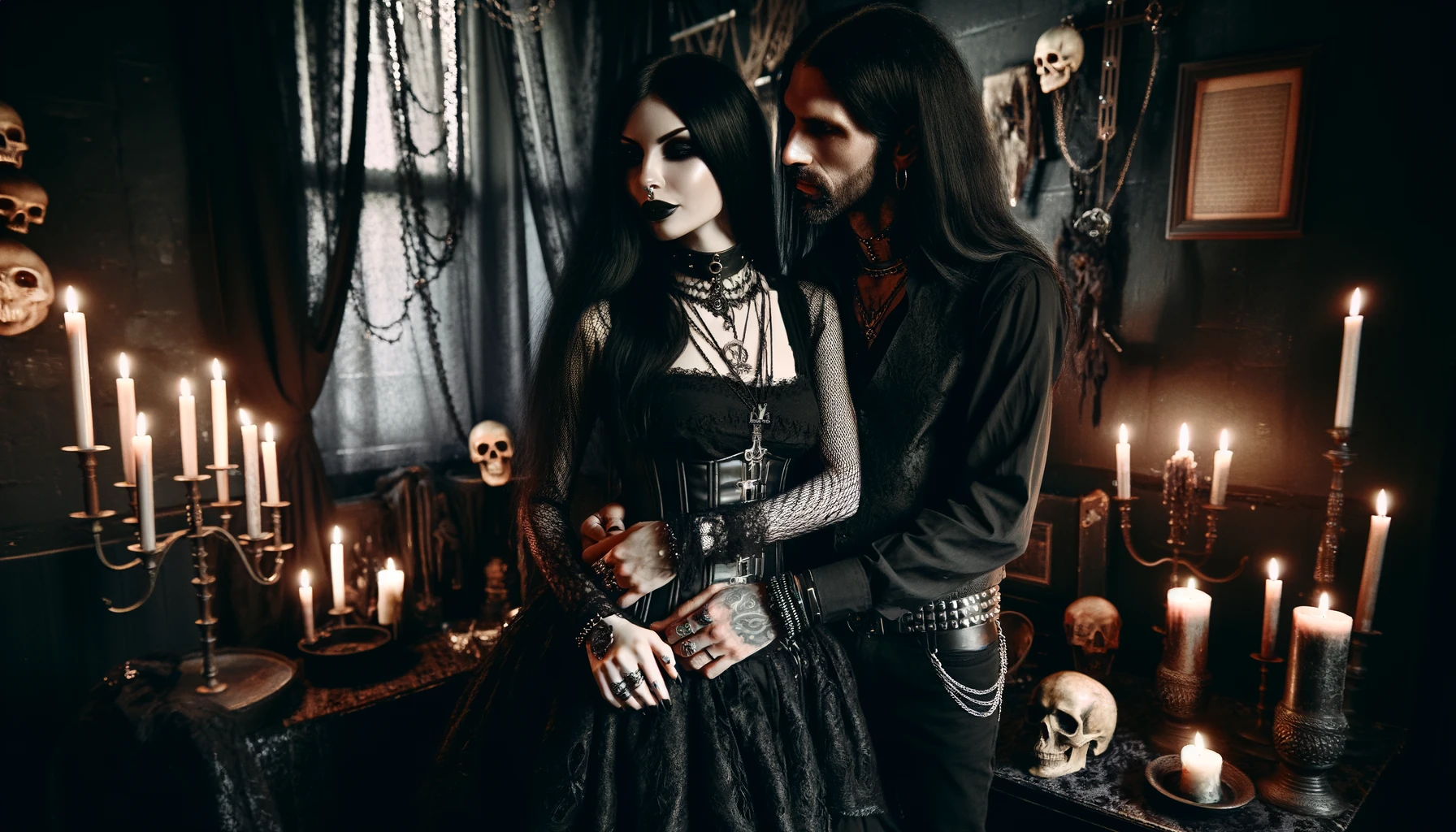Gothic woman and black metalhead man with long black hair in an intimate, dimly lit room with candles and gothic decorations, highlighting their closeness and trust.