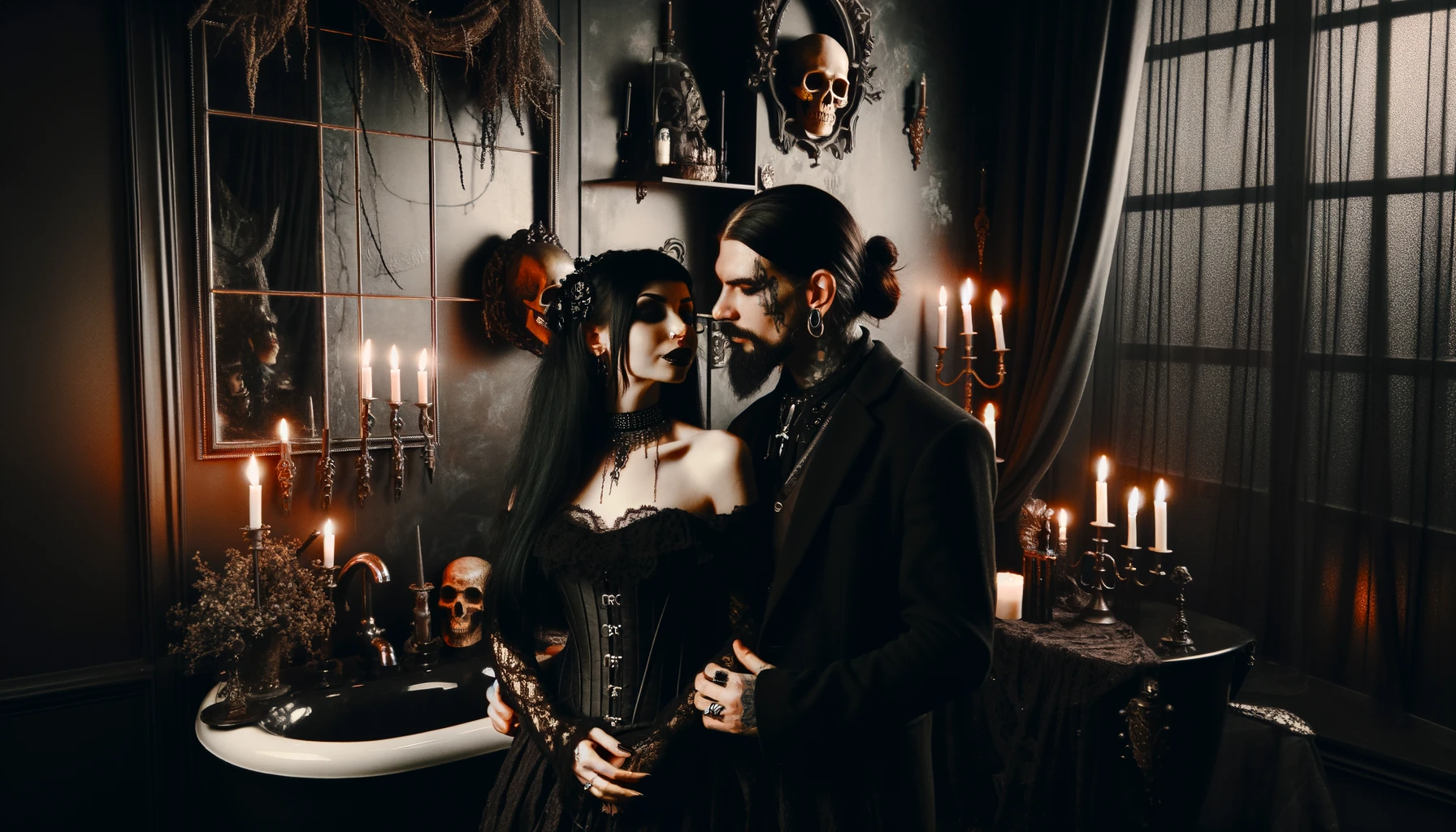 Gothic woman and black metalhead man with long black hair in a gothic bathroom with candles and gothic decorations, sharing a private, intimate moment.