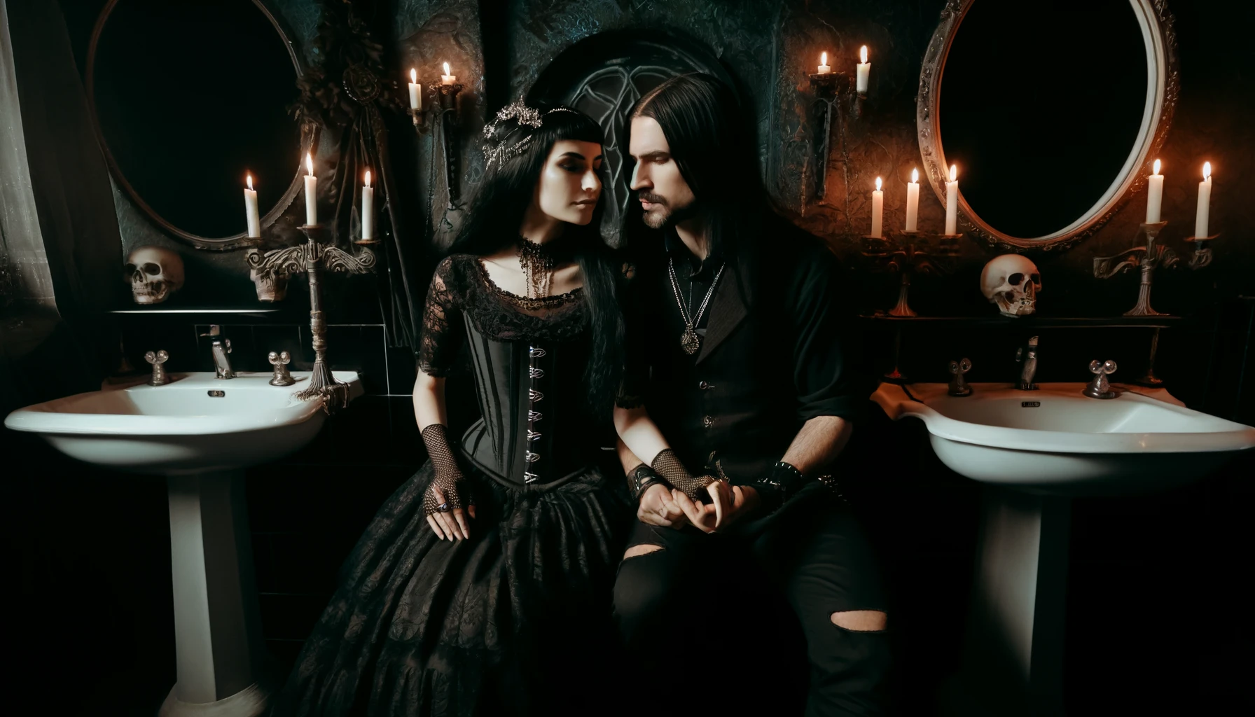 Gothic woman and black metalhead man with long black hair in a dimly lit, gothic-themed toilet setting, subtly suggesting the intimate and taboo theme of golden showers.