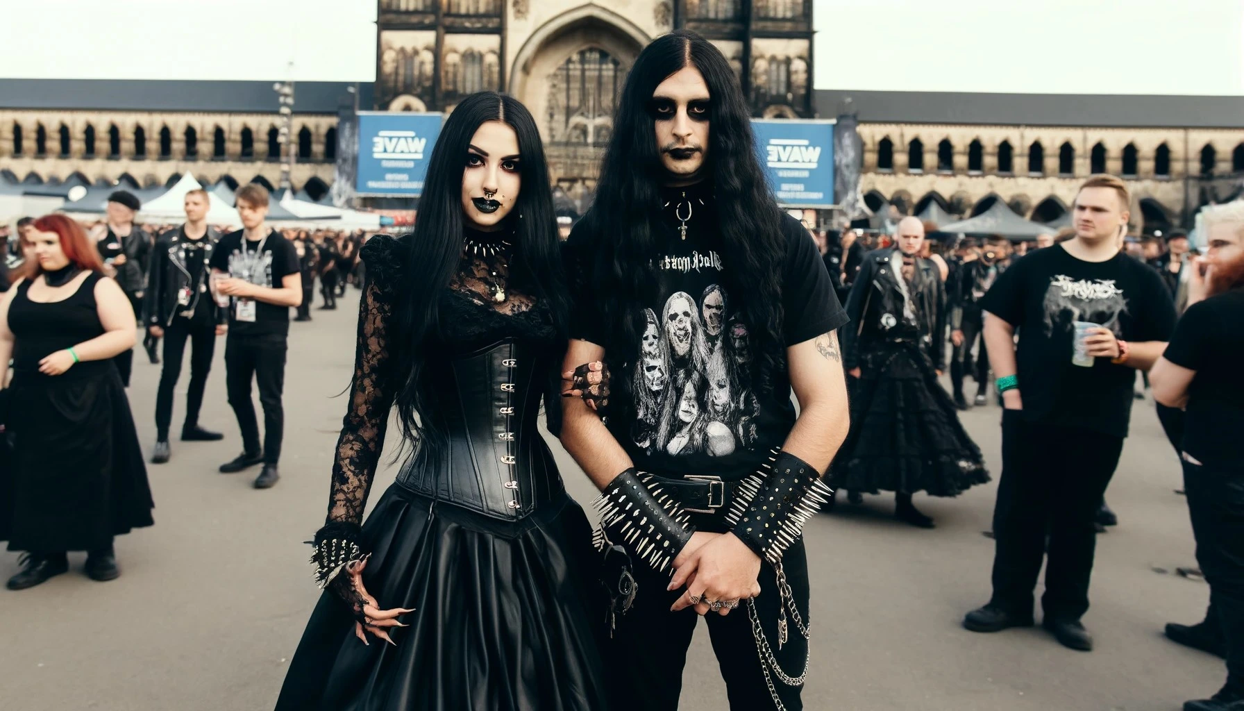 A blackmetalhead man and a gothic woman at Wave-Gotik Treffen 2024, standing in a festival setting during the day with gothic architecture in the background.