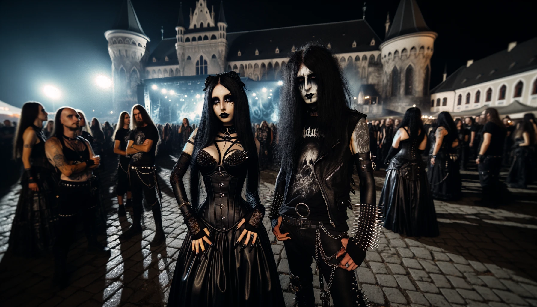 A blackmetalhead man and a gothic woman at Wave-Gotik Treffen 2024, standing in a festival setting at night with gothic architecture in the background.
