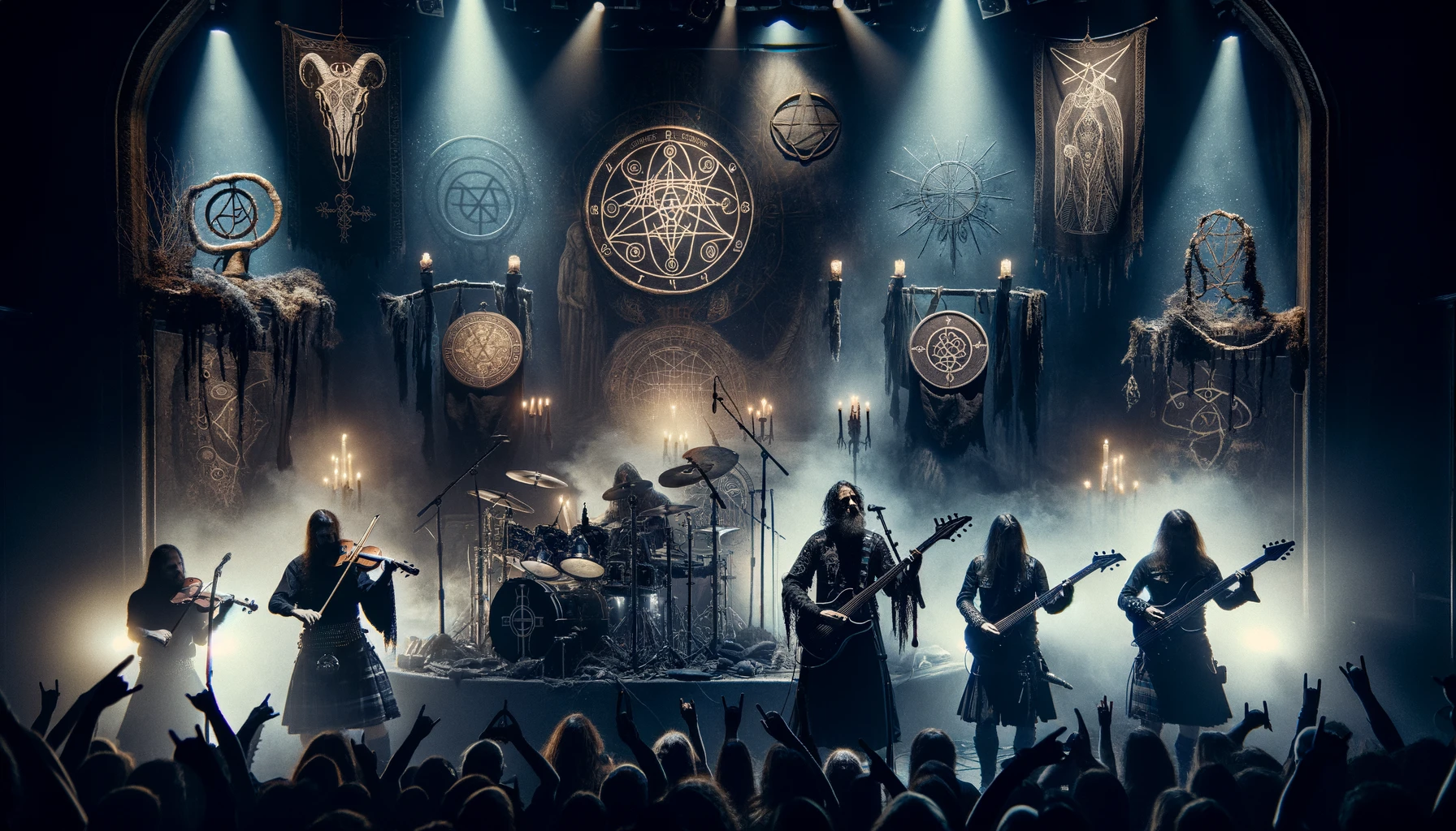 A dark and intense scene of a folk and pagan metal concert, featuring ancient symbols and traditional instruments like fiddles and flutes alongside electric guitars and drums. The stage is dimly lit with deep shadows and atmospheric lighting.