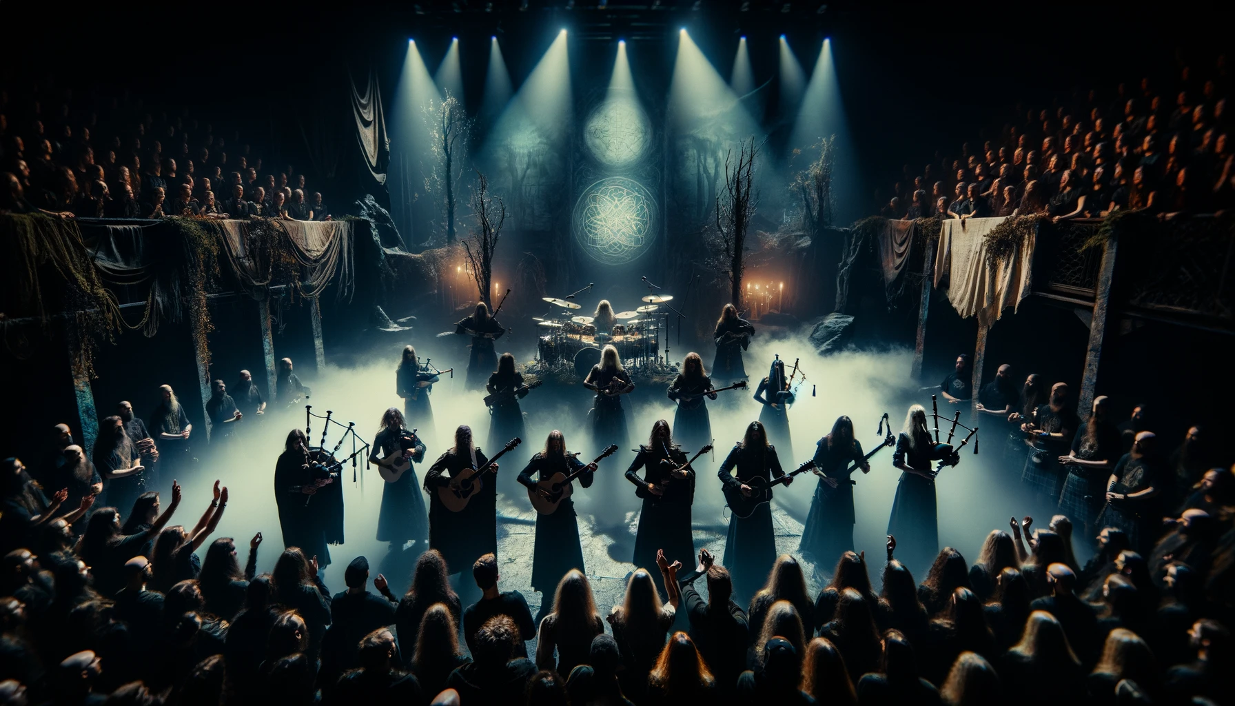 A dramatic and immersive scene of a folk and pagan metal concert at night, with the stage illuminated by dim, eerie lighting. Traditional instruments and electric guitars are played as the audience, dressed in various attires, is deeply engaged in the performance.