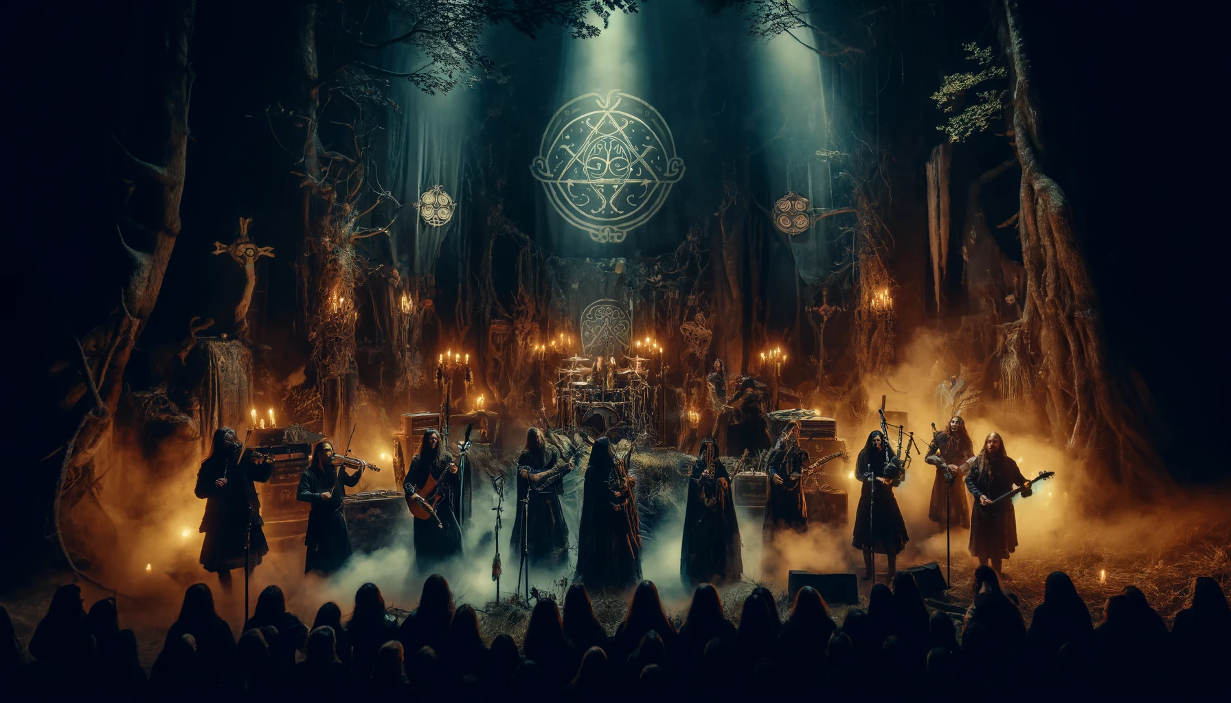 Preserving Heritage: A dark and mystical scene of a folk and pagan metal concert set in an ancient forest. The stage is surrounded by tall, shadowy trees and illuminated by flickering torches, creating an intense and magical atmosphere.