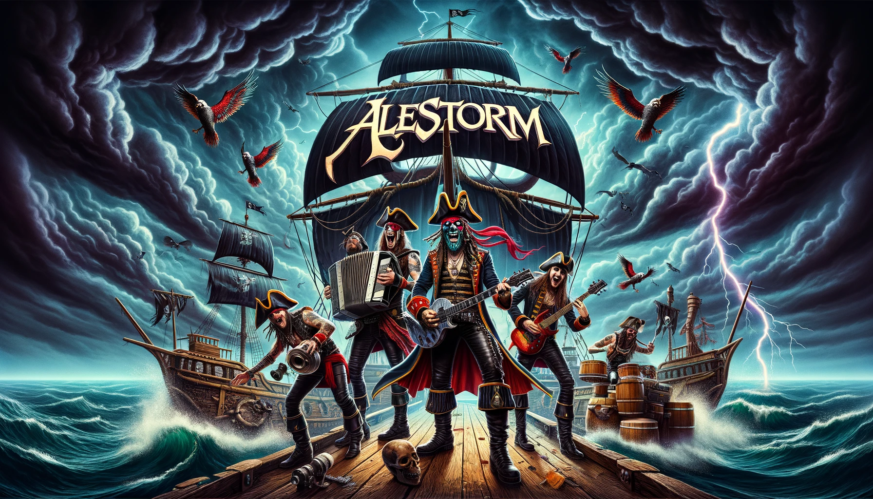 A dynamic and colorful scene featuring Alestorm performing on a pirate ship at sea, dressed as pirates with tricorn hats and playing various instruments, with stormy clouds and lightning in the background.