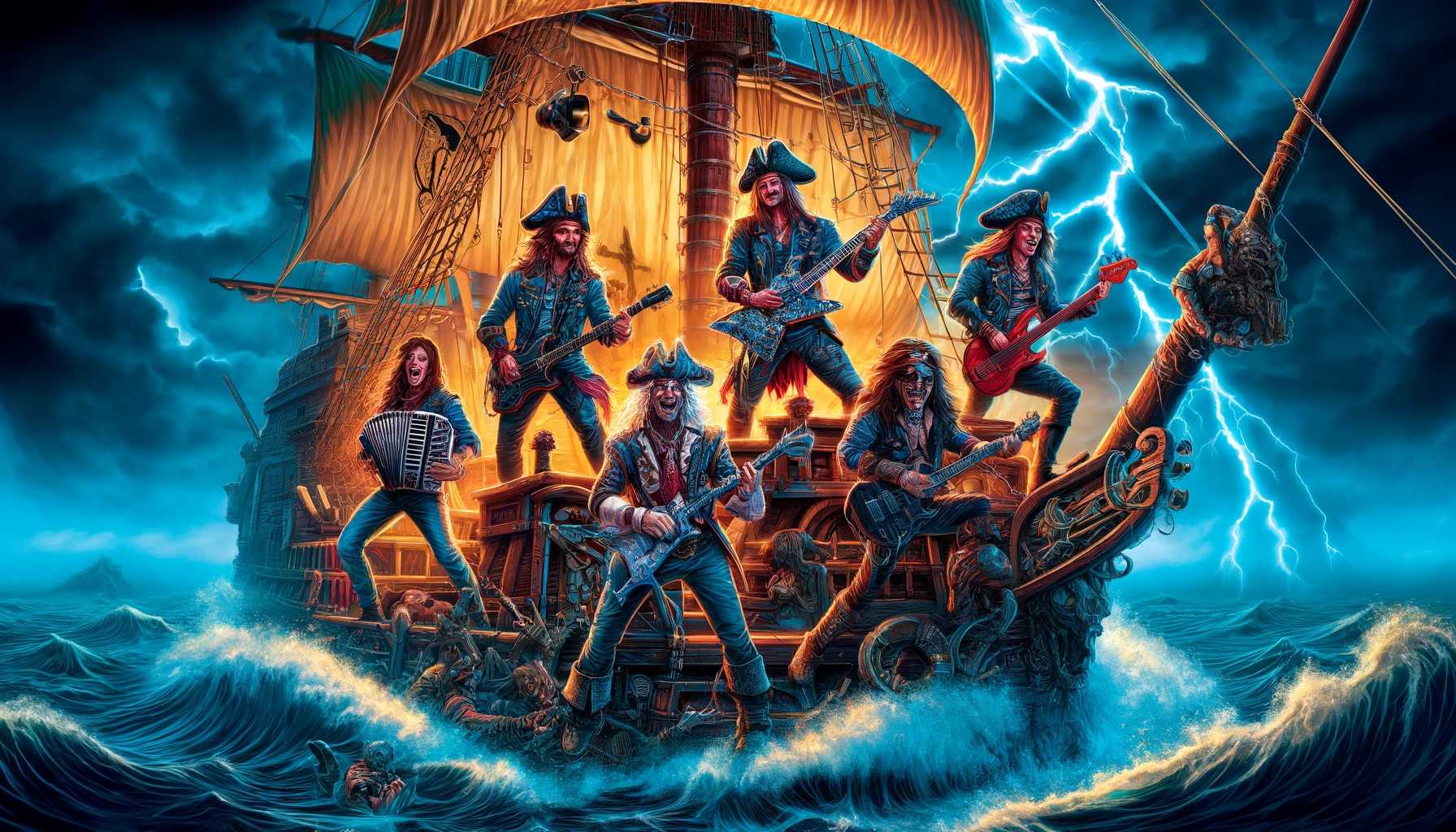 A thrilling illustration of Alestorm performing live on a pirate ship surrounded by stormy seas, with band members dressed in pirate attire and playing electric guitars, drums, and an accordion.