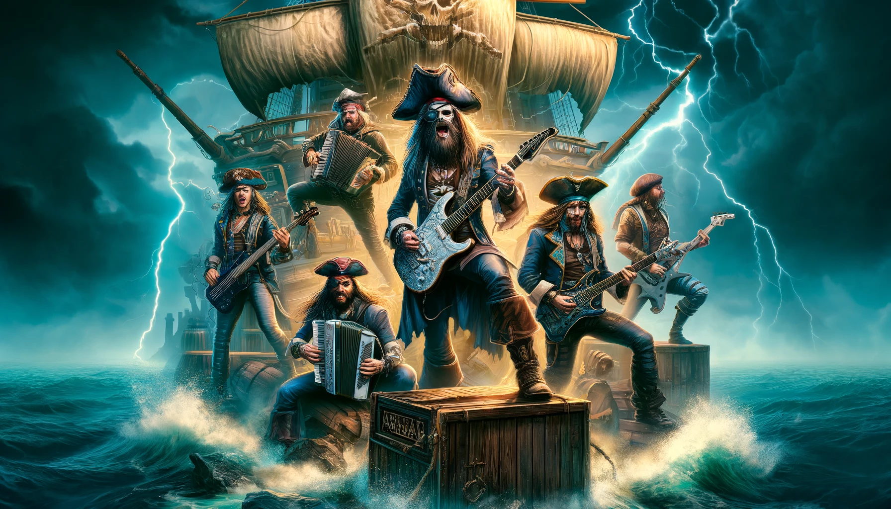 Now Playing: Alestorm - Keelhauled: A high-energy scene showing Alestorm performing on a pirate ship during a storm, with band members dressed as pirates and playing electric guitars, drums, and an accordion, with lightning in the background.